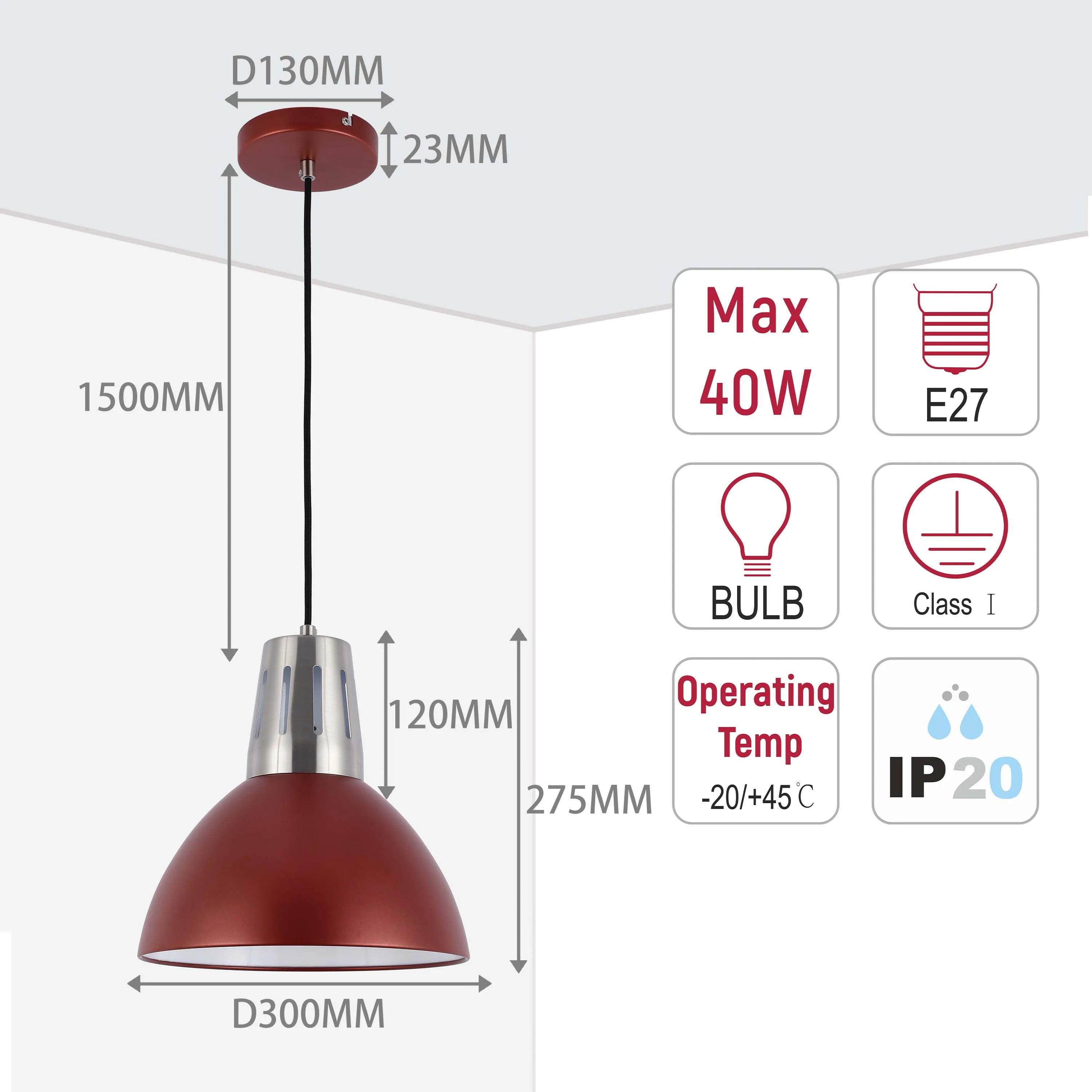 A stylish ceiling light with dimensions displayed. Features E27 bulb fitting, max 40W, Class I protection, and IP20 rating.