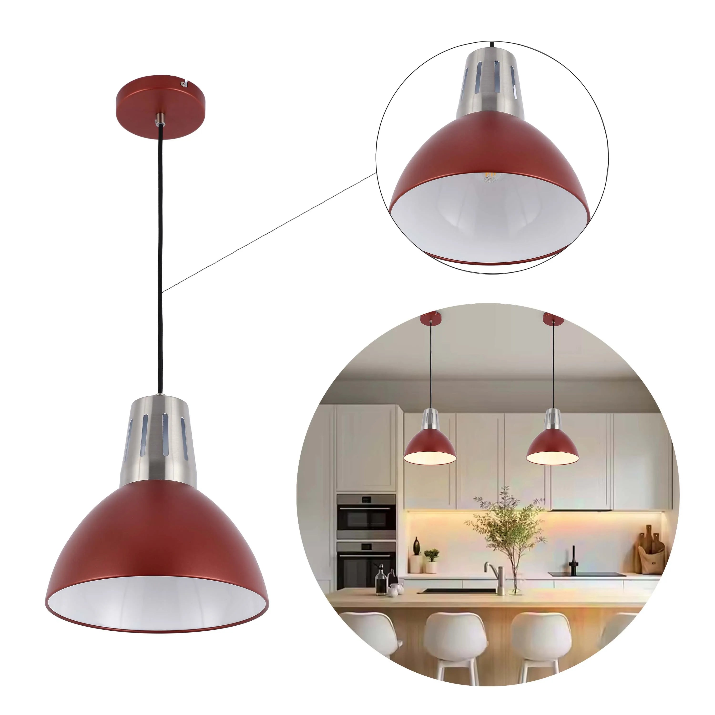 A modern, red, industrial pendant light with a silver top. A trendy lighting solution for kitchens or dining areas.