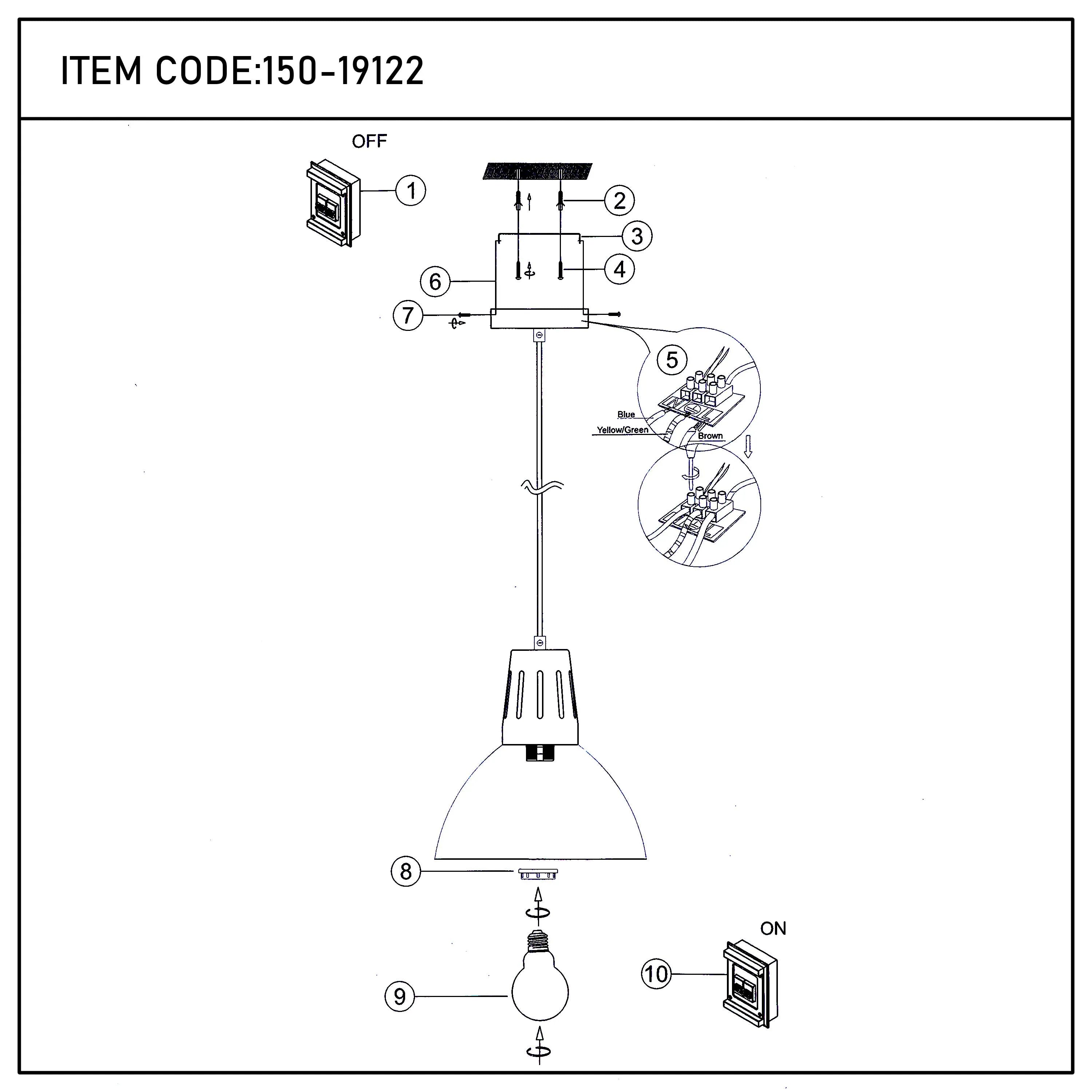 A diagram of a pendant light installation with ceiling mount, wiring connections, bulb fitting, and on/off switch.