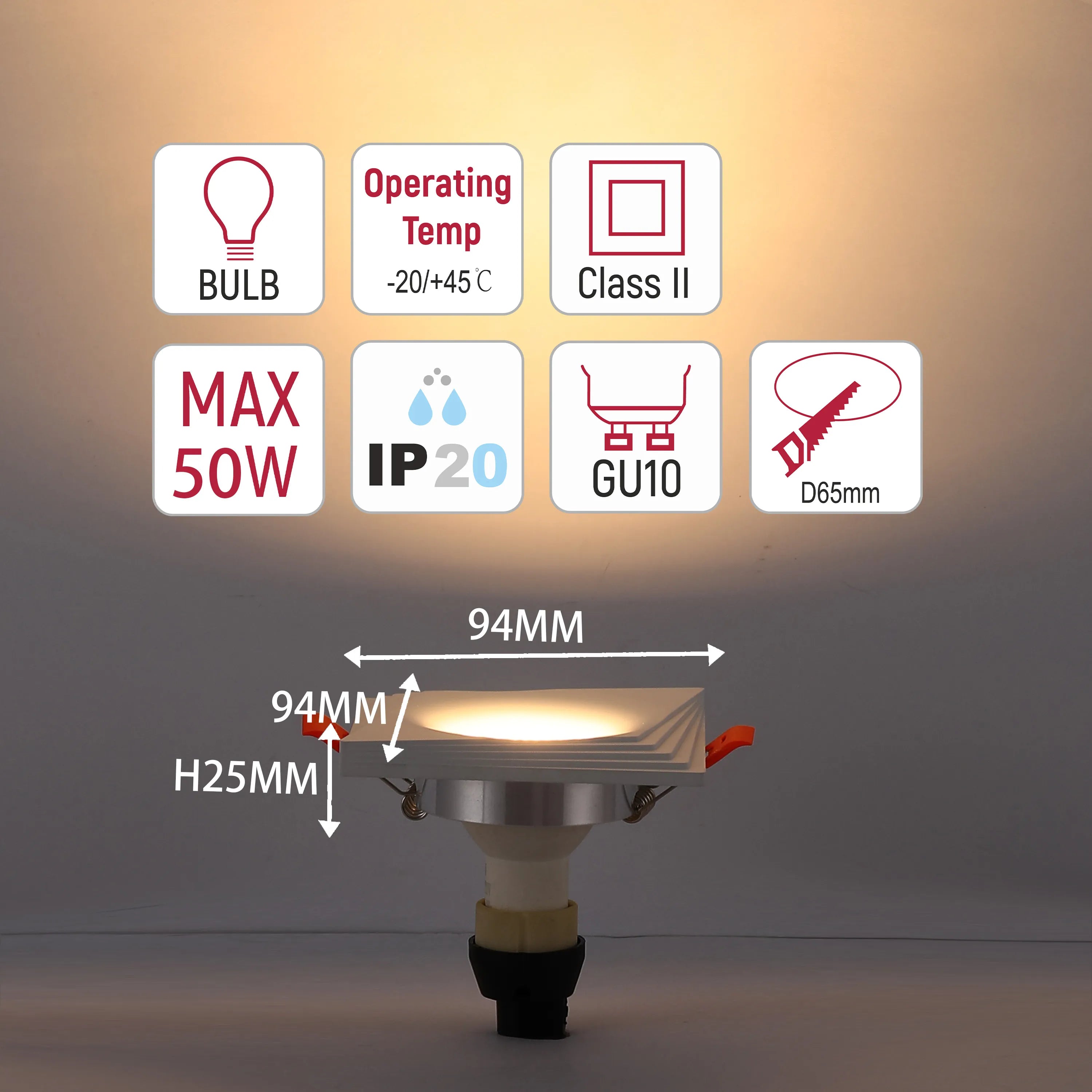 Square LED downlight with key dimensions & technical information icons showing bulb type, wattage, operating temp, IP rating & size.