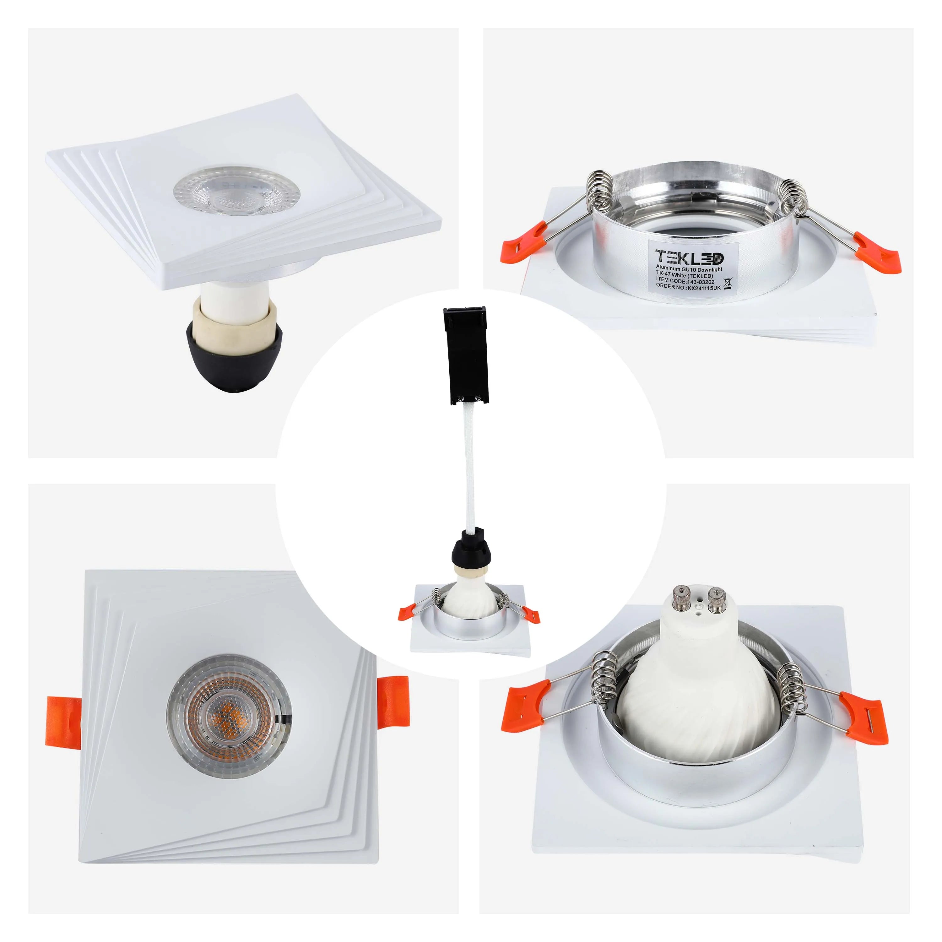 Square, white, recessed downlights with orange spring clips, in various views. Modern spotlights for any home.