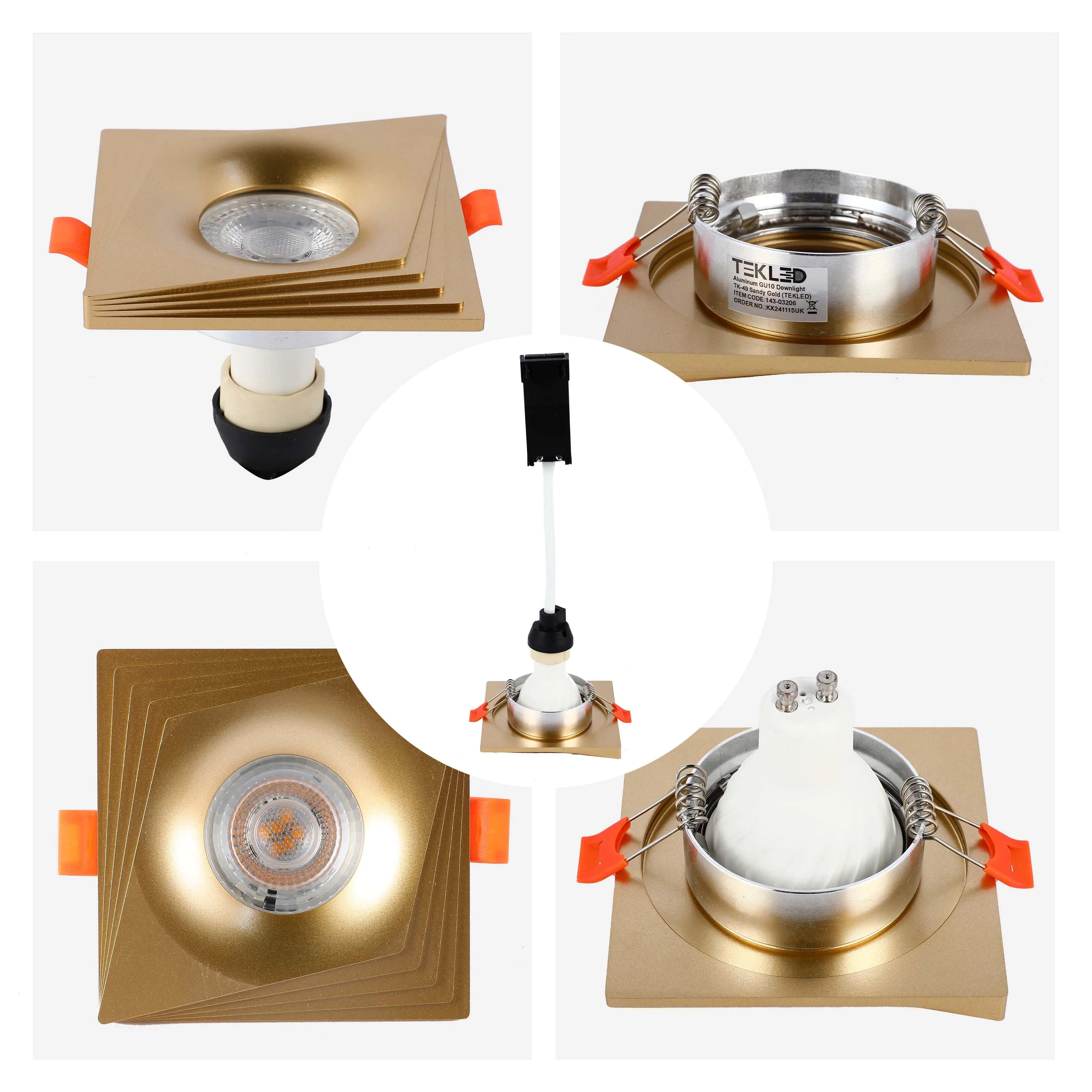 A stylish, sandy gold, aluminium downlight. The square fixture features an adjustable lamp fitting for GU10 bulbs.