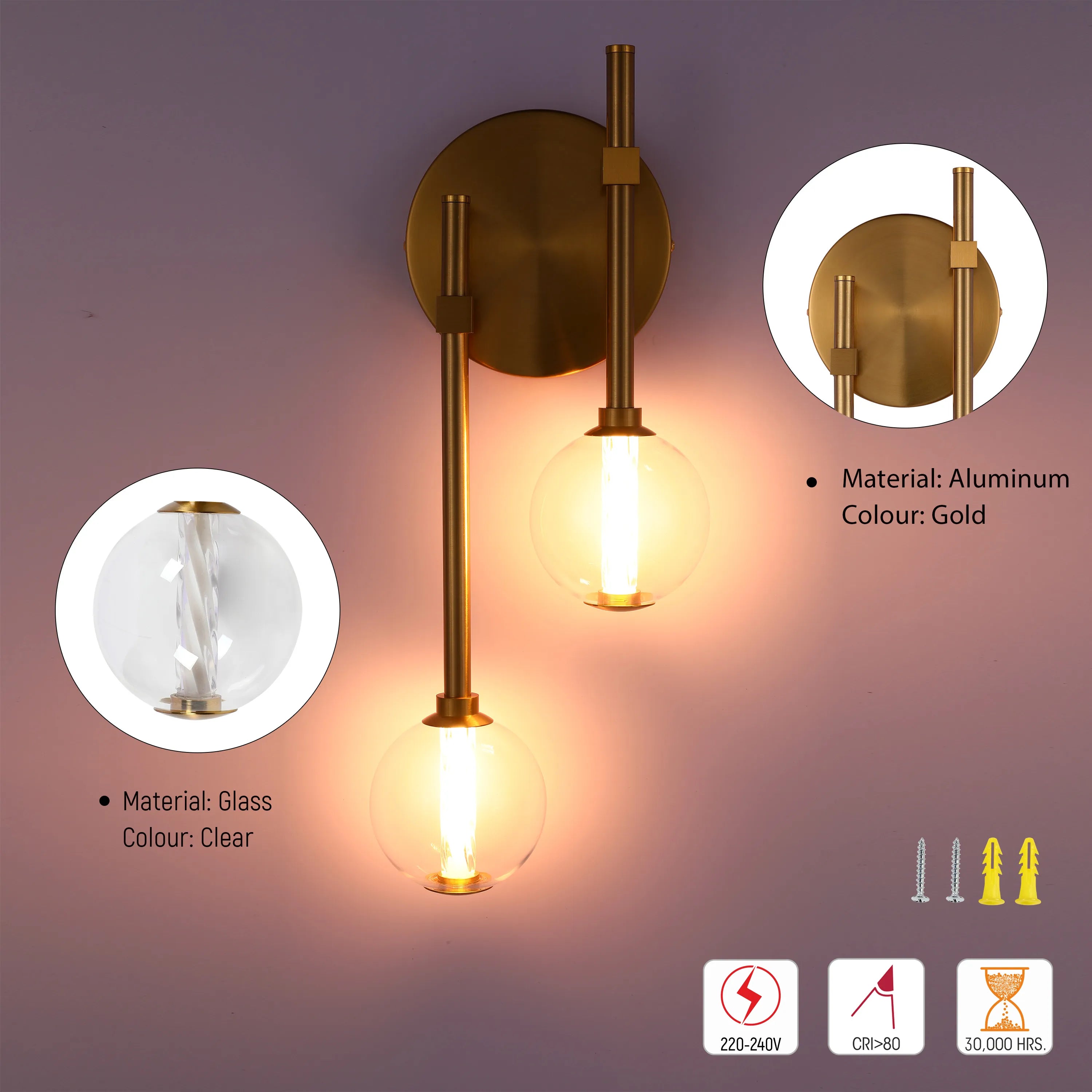 Contemporary wall light with gold finish, two clear glass globes, and energy-efficient bulbs. Includes screws and wall plugs.
