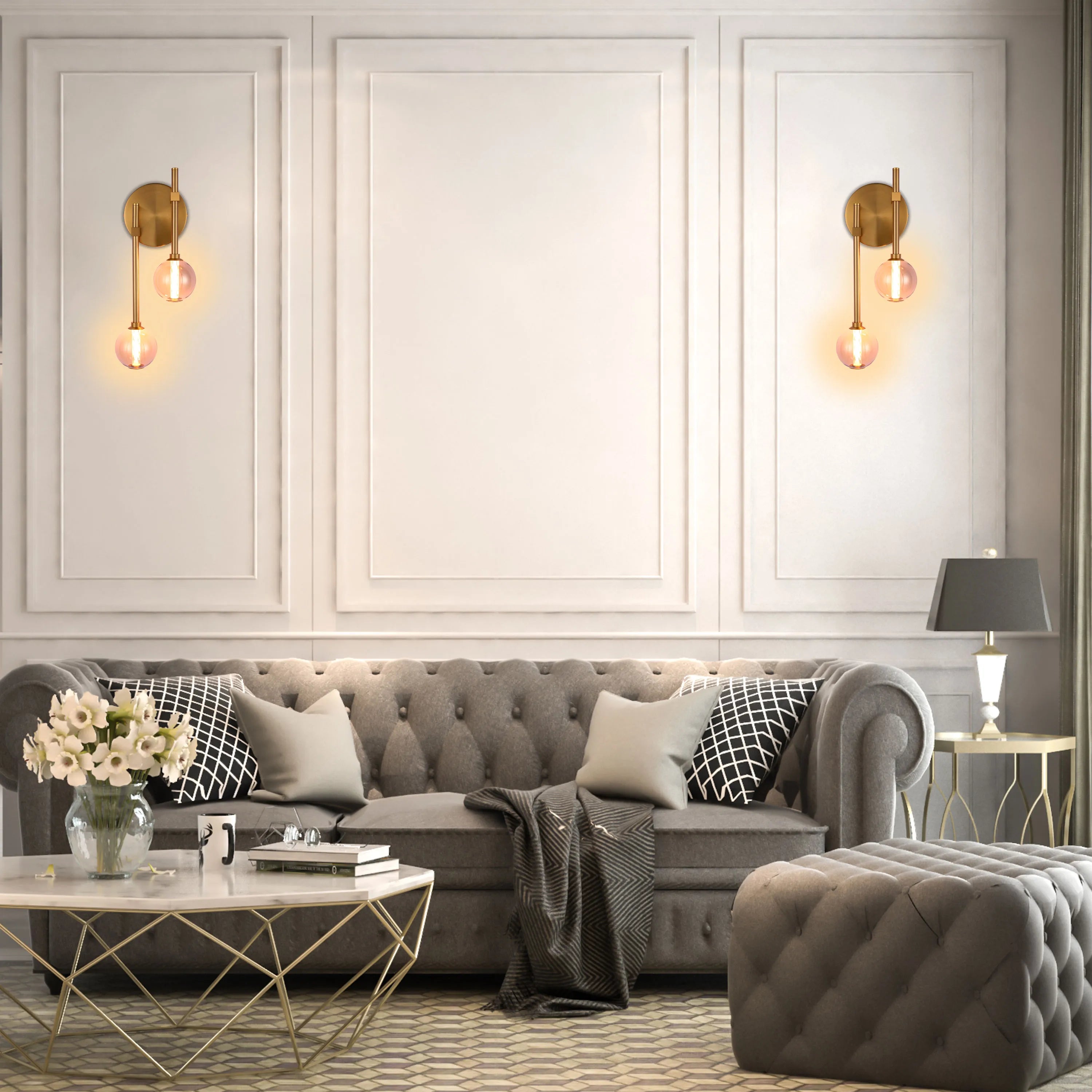 Elegant wall sconces with warm, glowing spherical shades. A classic table lamp adds soft light to this inviting living space.