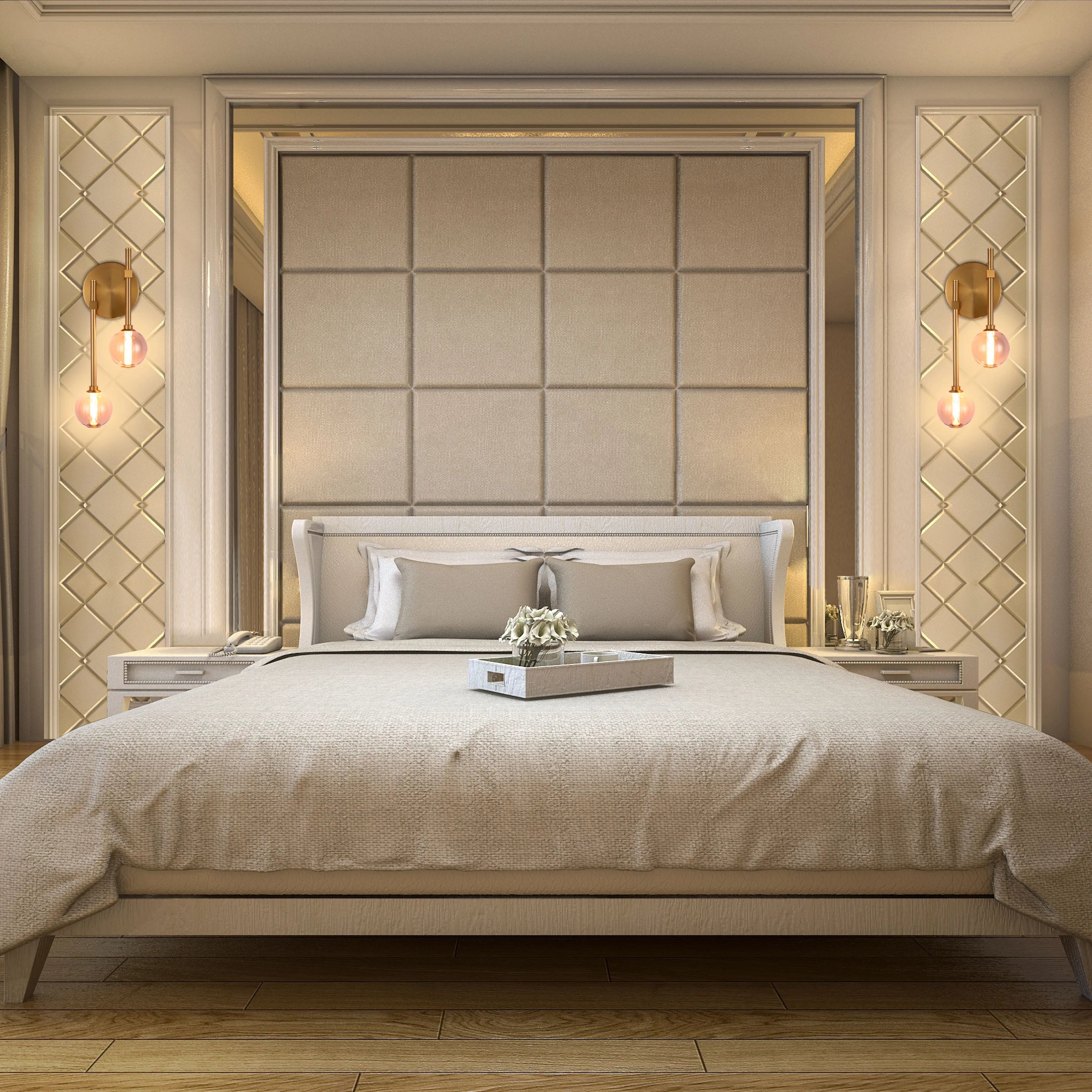 Symmetrical bedroom lighting with decorative wall sconces and soft, ambient light highlighting the neutral tones of the bedroom.