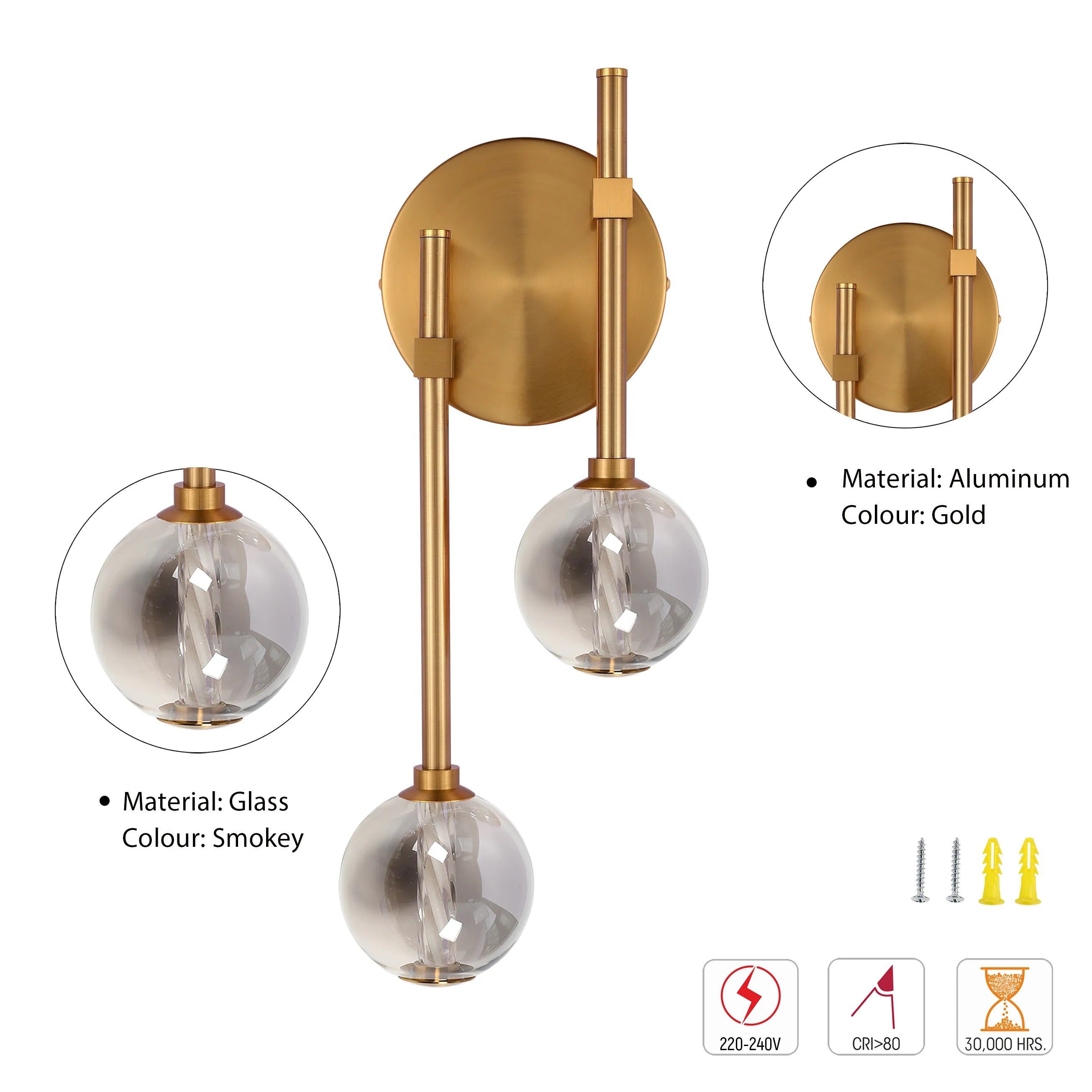 Gold wall light with two smokey glass spherical lamps. Modern, stylish design for ambient lighting in the home.
