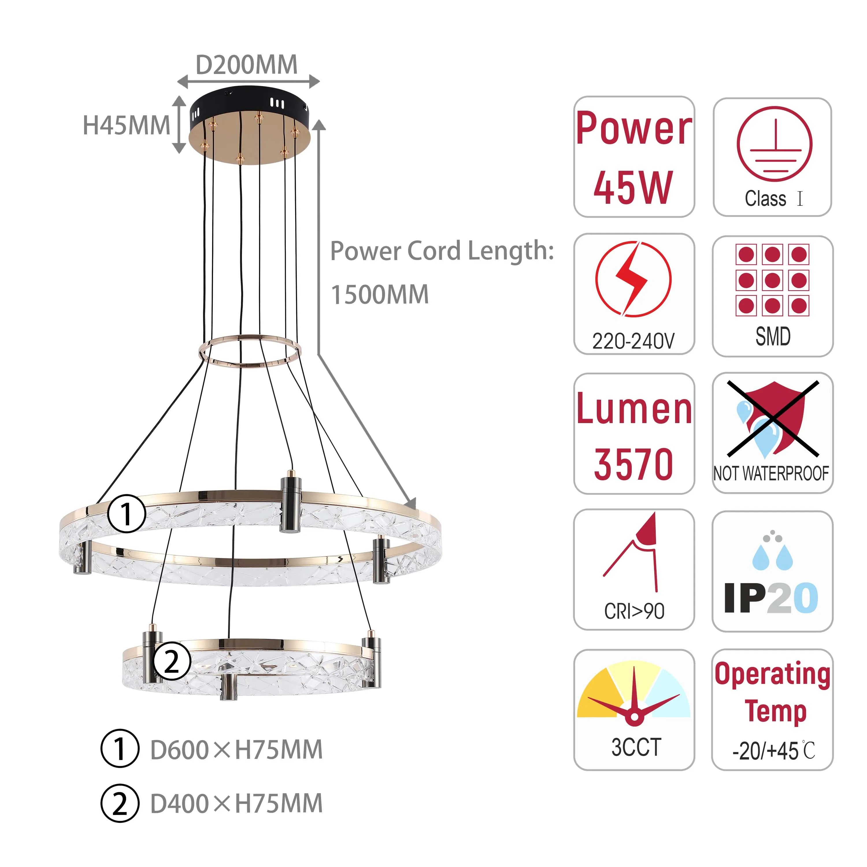 Modern two-tiered chandelier featuring LED crystal rings. Provides 3570 lumens, 45W power, and colour temperature adjustment.