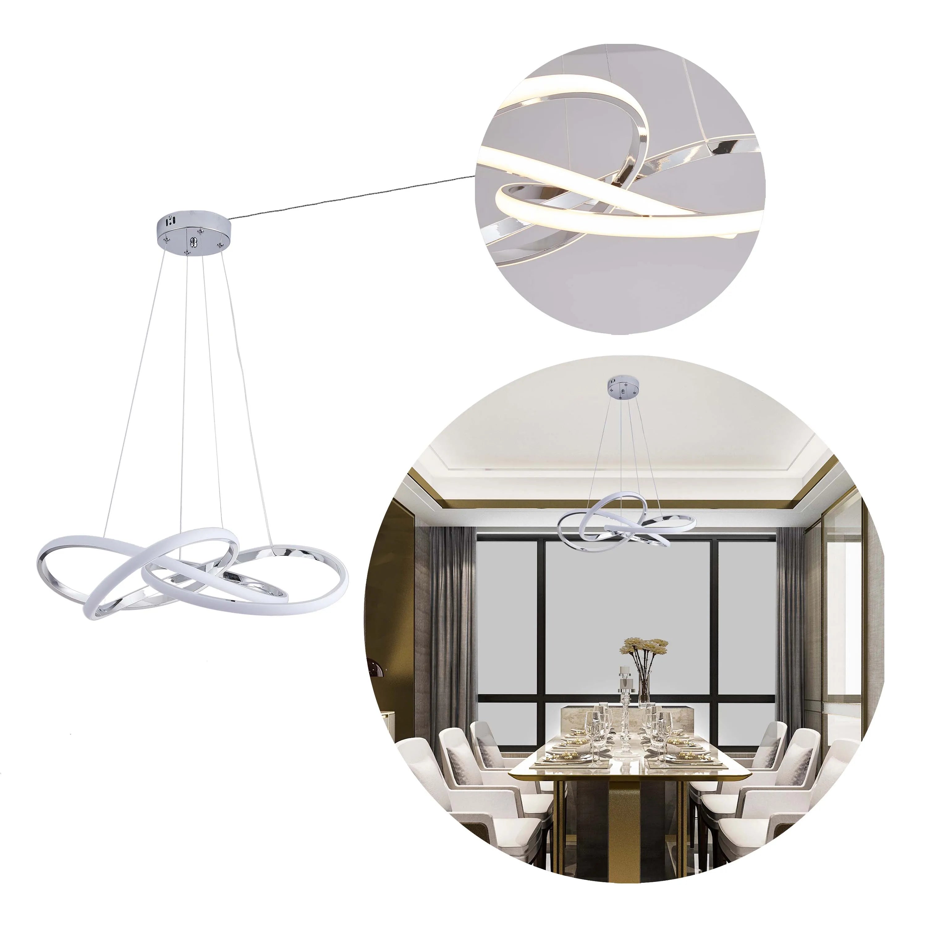 A modern LED ring pendant light in a white and silver finish, creating a statement in a dining room setting.