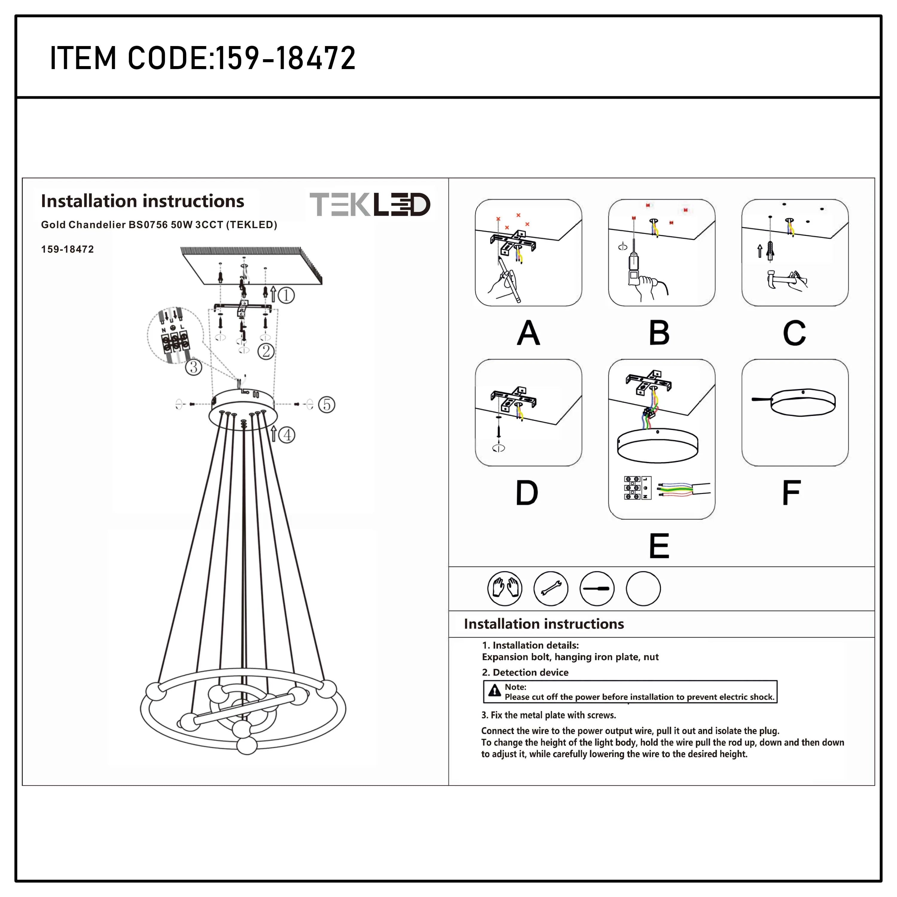 Installation instructions for a gold chandelier, showing the assembly process, along with the item code and model name.