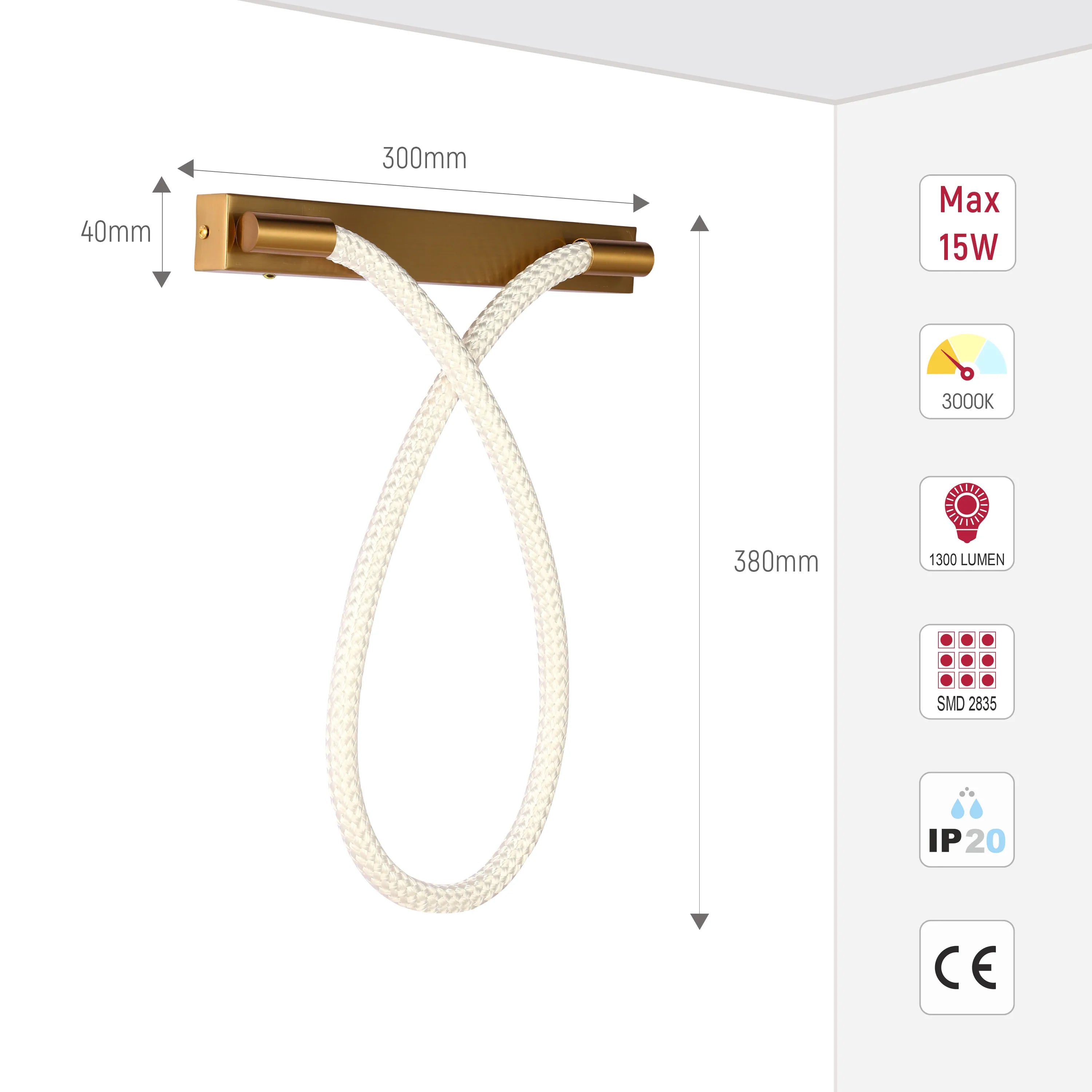 Gold wall light with a looped, white, rope-like bulb. Dimensions shown in mm: 300x40x380. 3000K, 1300 lumen, IP20, 15W max.