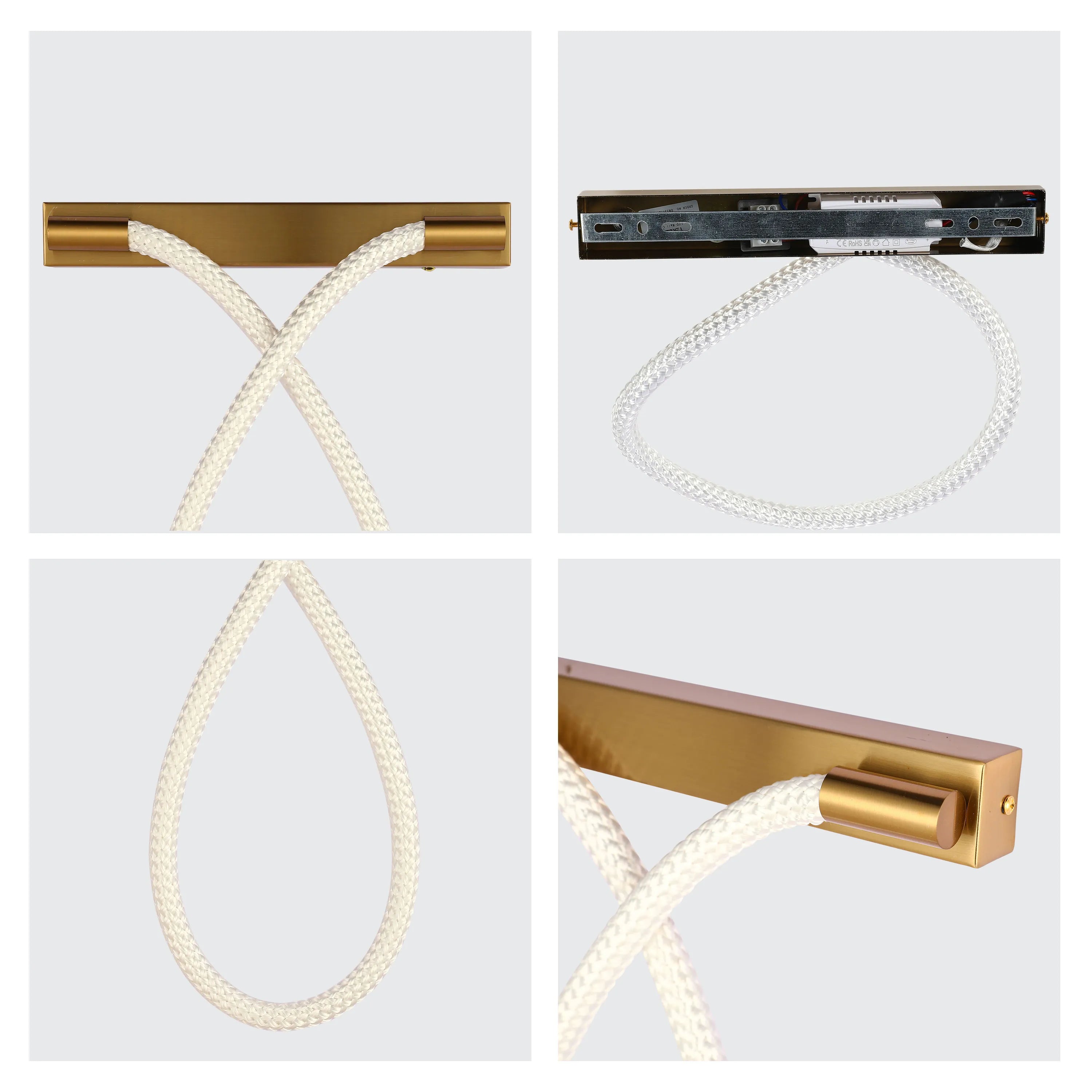 A modern brass wall light with a white fabric flex. Contemporary lighting for homes, hotels and restaurants.