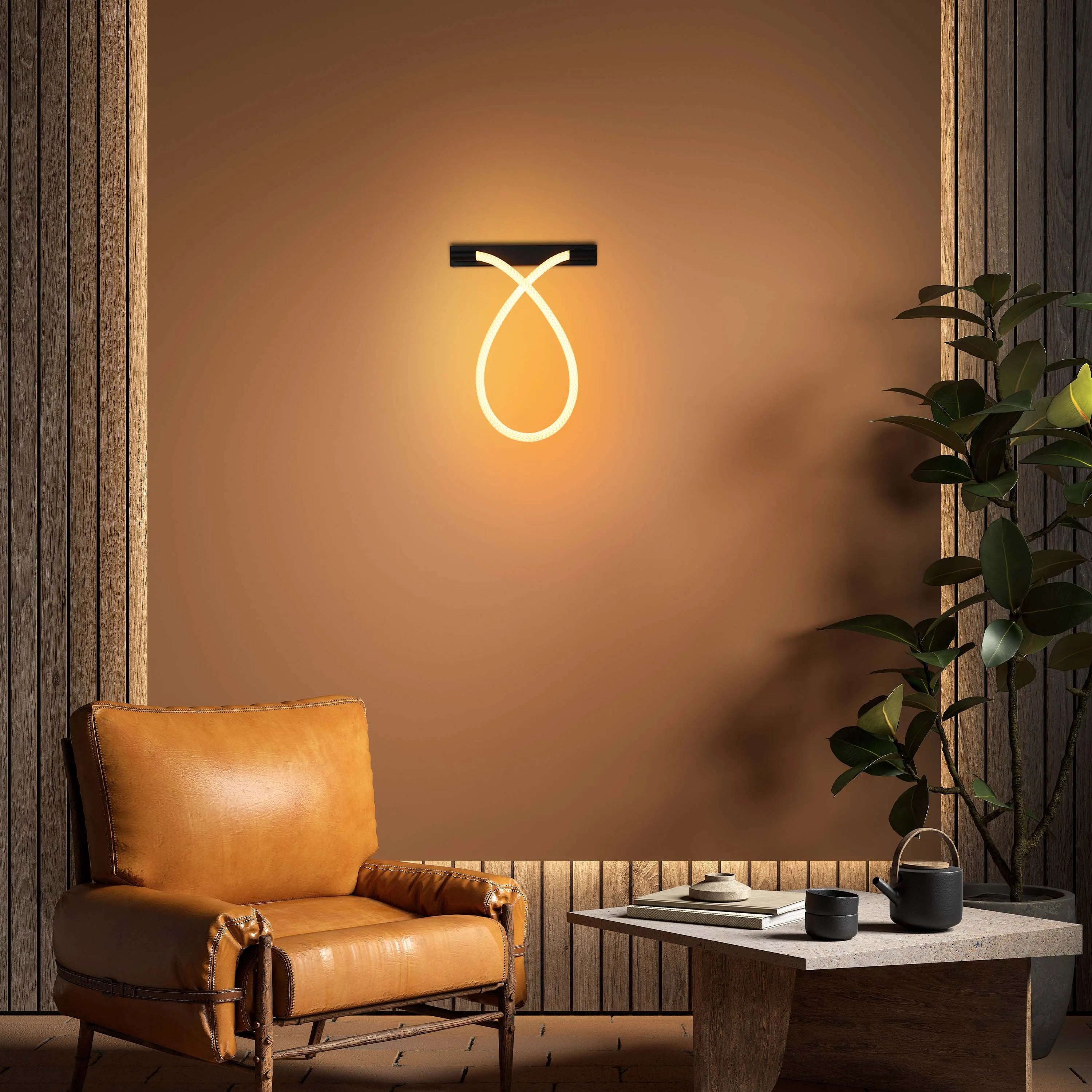 A warm, inviting room with a statement neon wall light, creating a cosy and modern ambience.