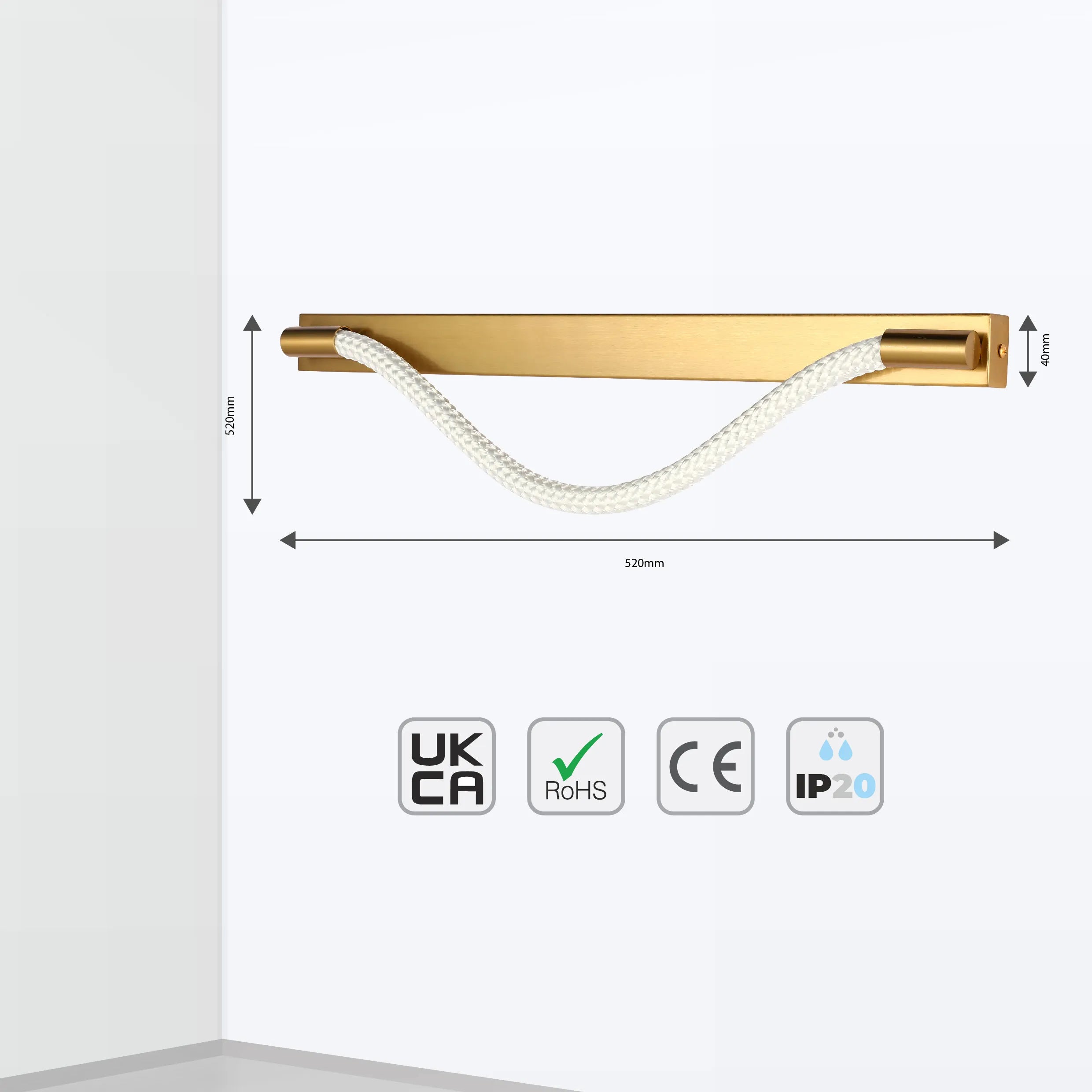 Wall light with a brass bar and white rope detail, demonstrating its dimensions with arrows and measurement labels.