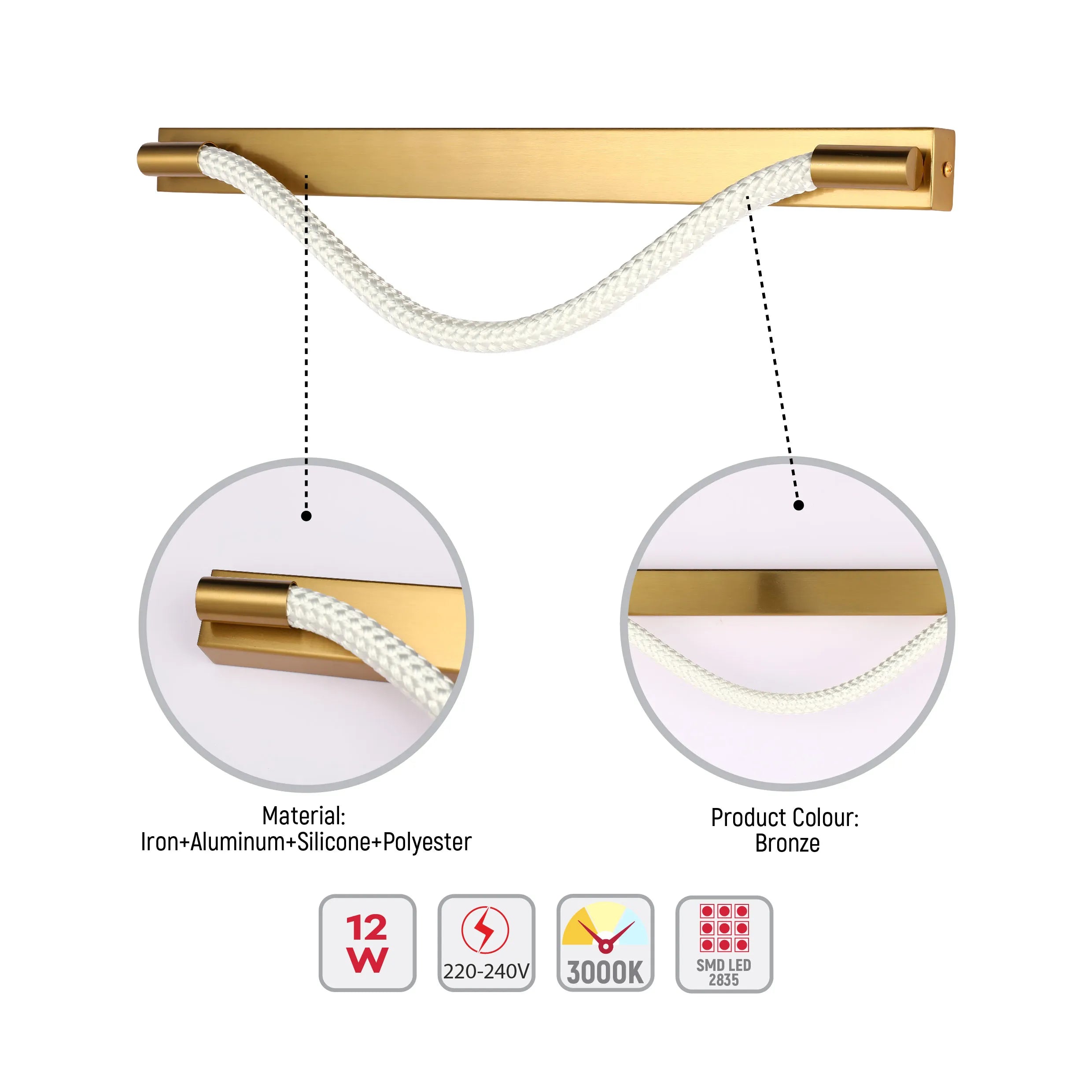 Bronze wall light fixture with a white rope-like cord snaking between two bronze cylinders.