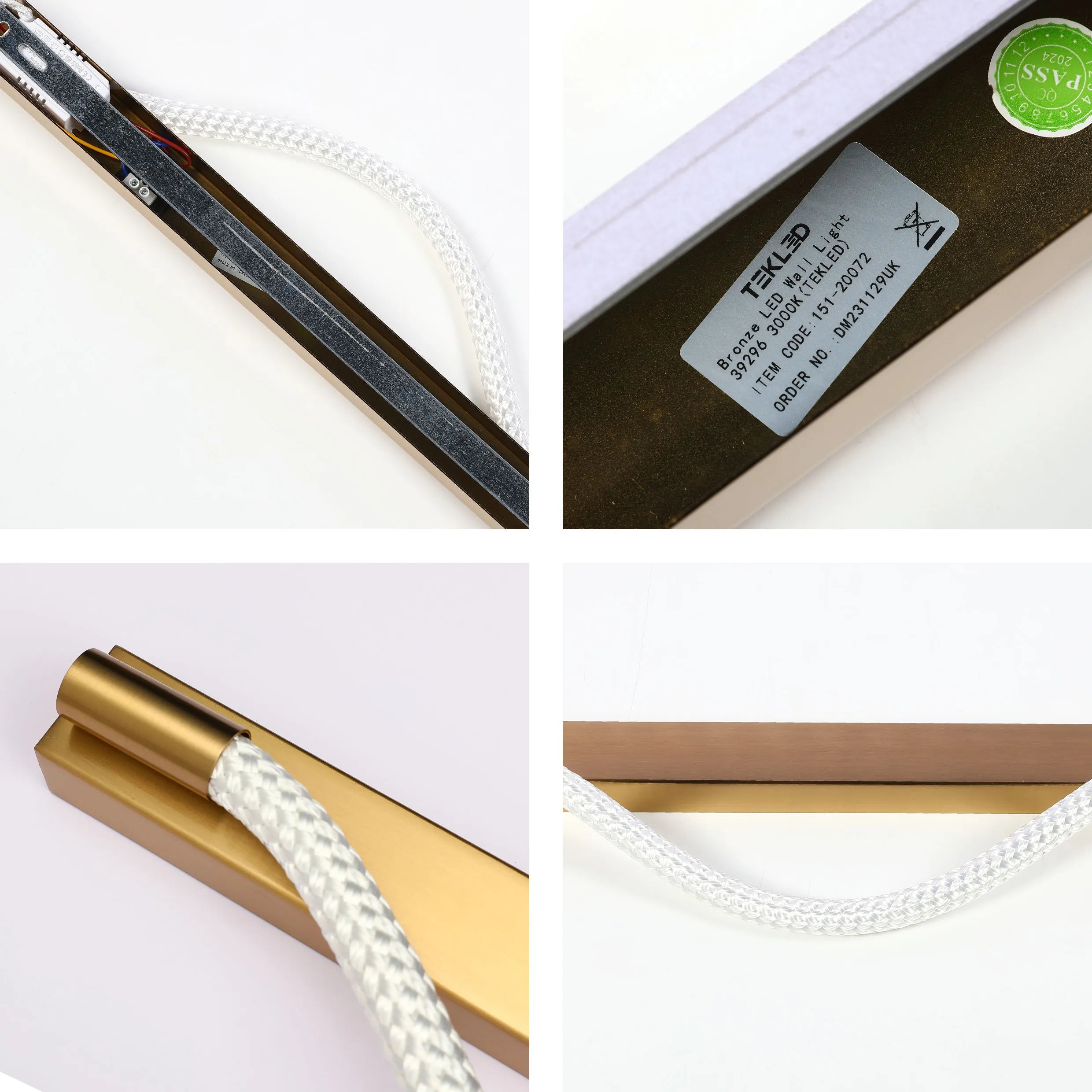 Modern bronze LED wall light featuring a white rope detail. The product sticker shows it's been quality checked and passed.