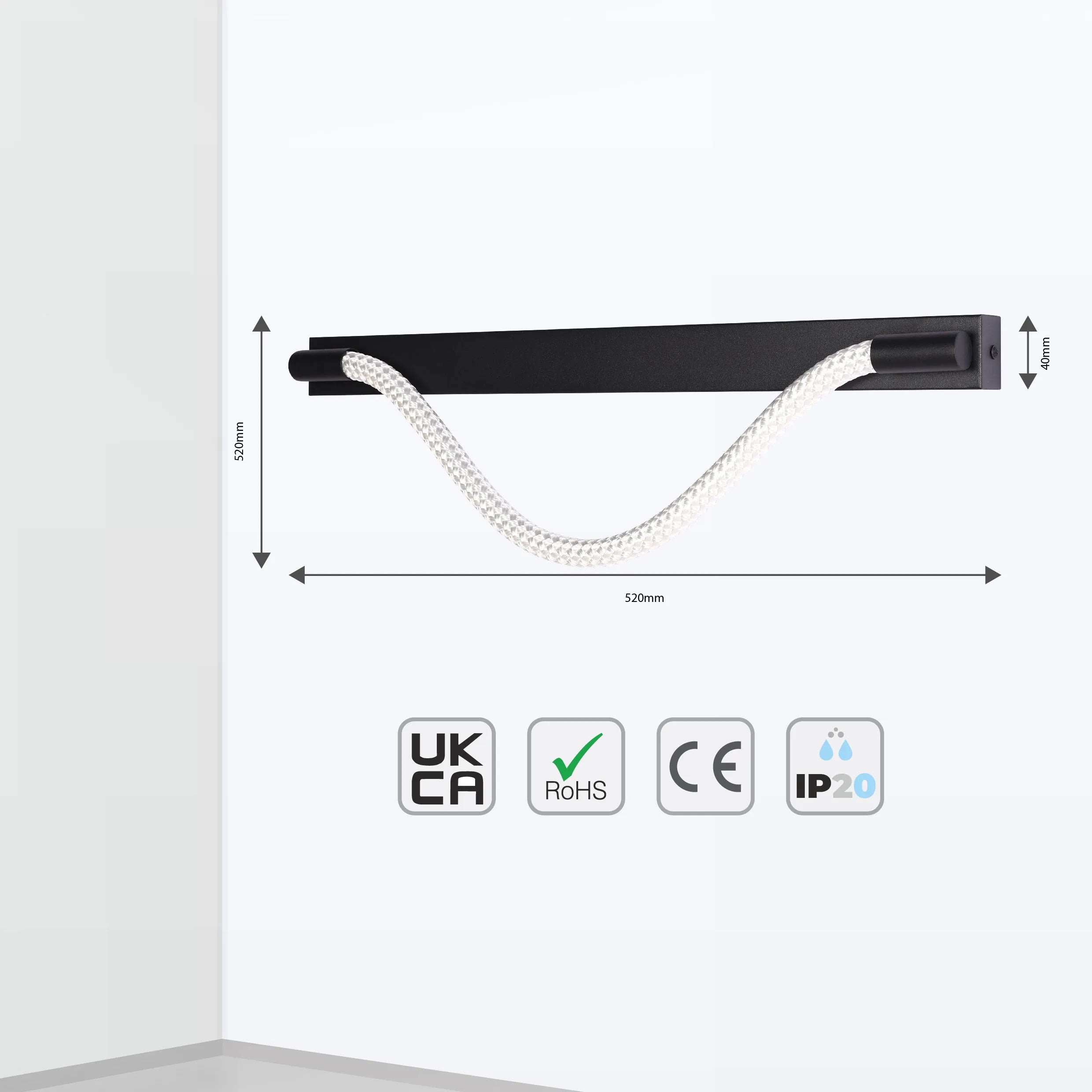 Wall-mounted light with black metal fixtures and a white rope-style shade, casting a soft, diffused glow.