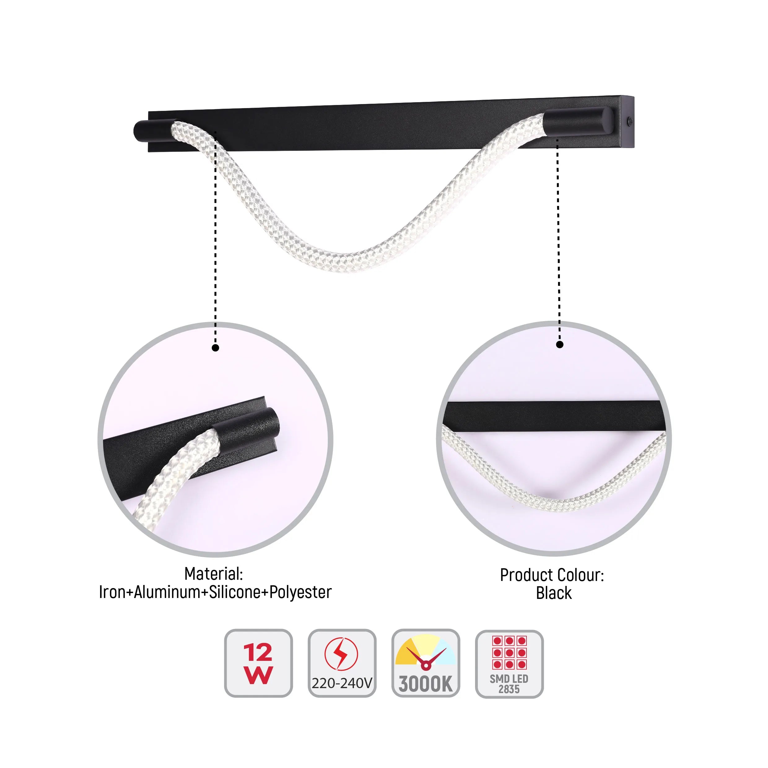 A modern black wall light fixture with an exposed white cord, closeups detail materials and product colour.