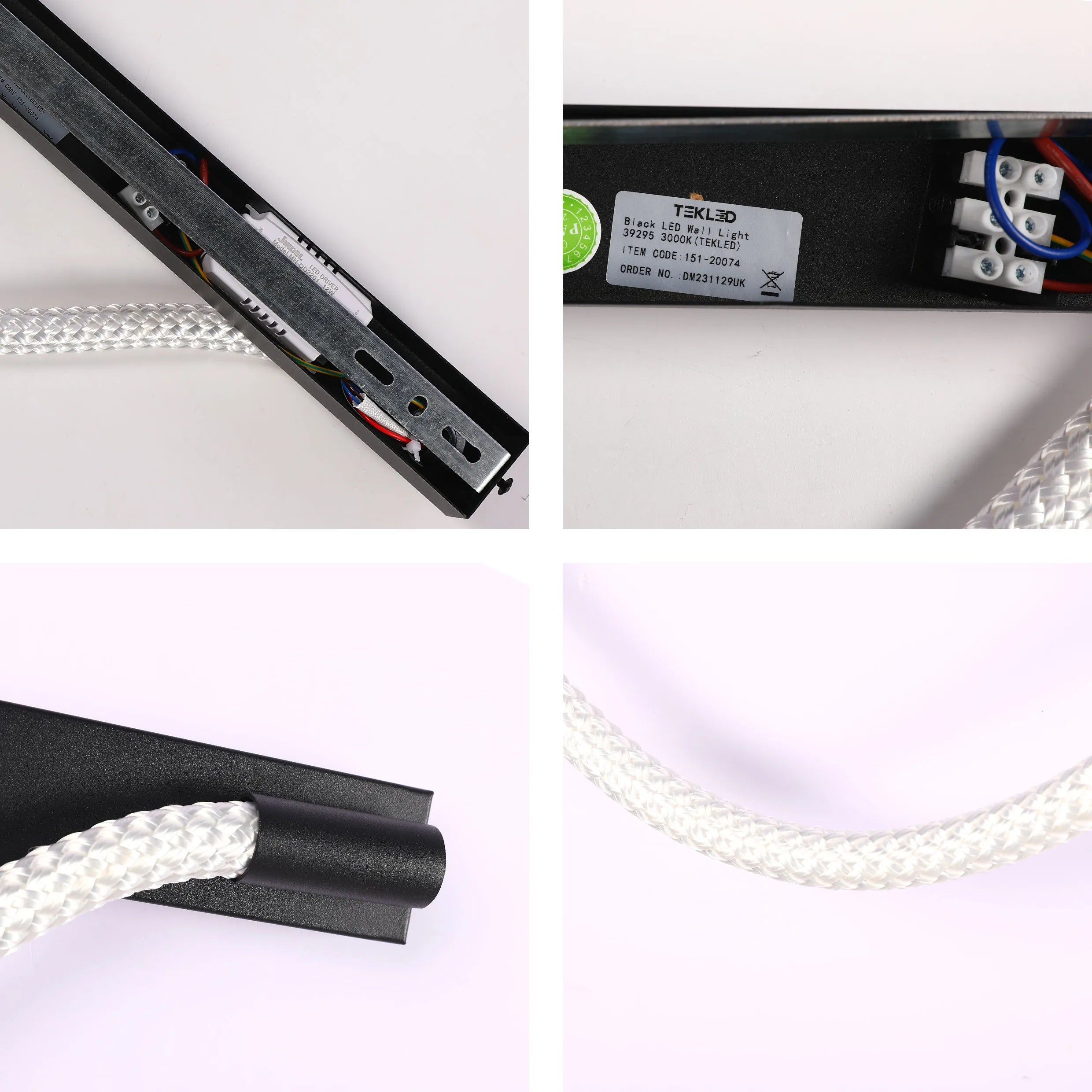 A modern black LED wall light with a white braided cable, offering a sleek and minimalist aesthetic.