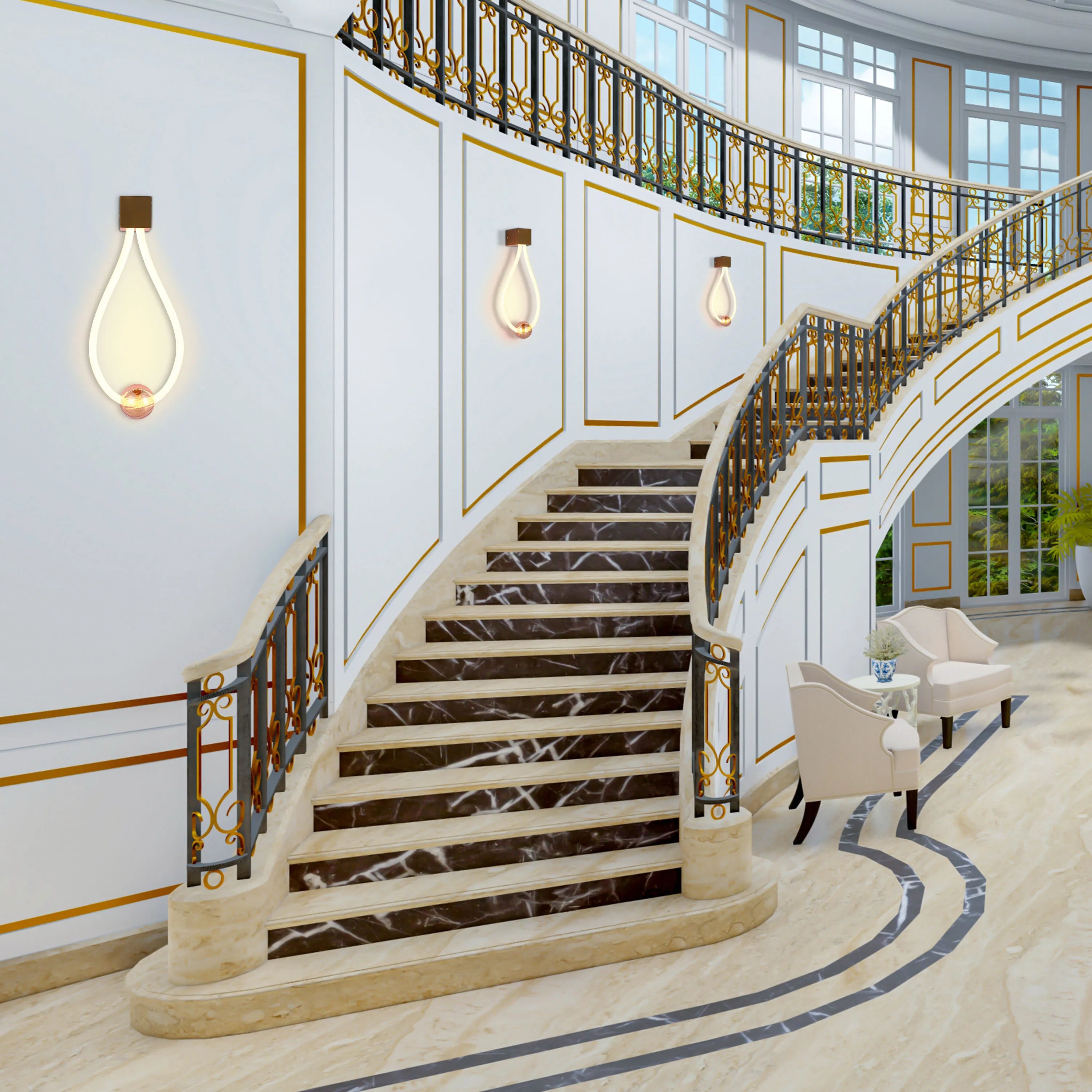 Contemporary wall lights give off a soft glow against a white wall beside a grand staircase with gold accents.