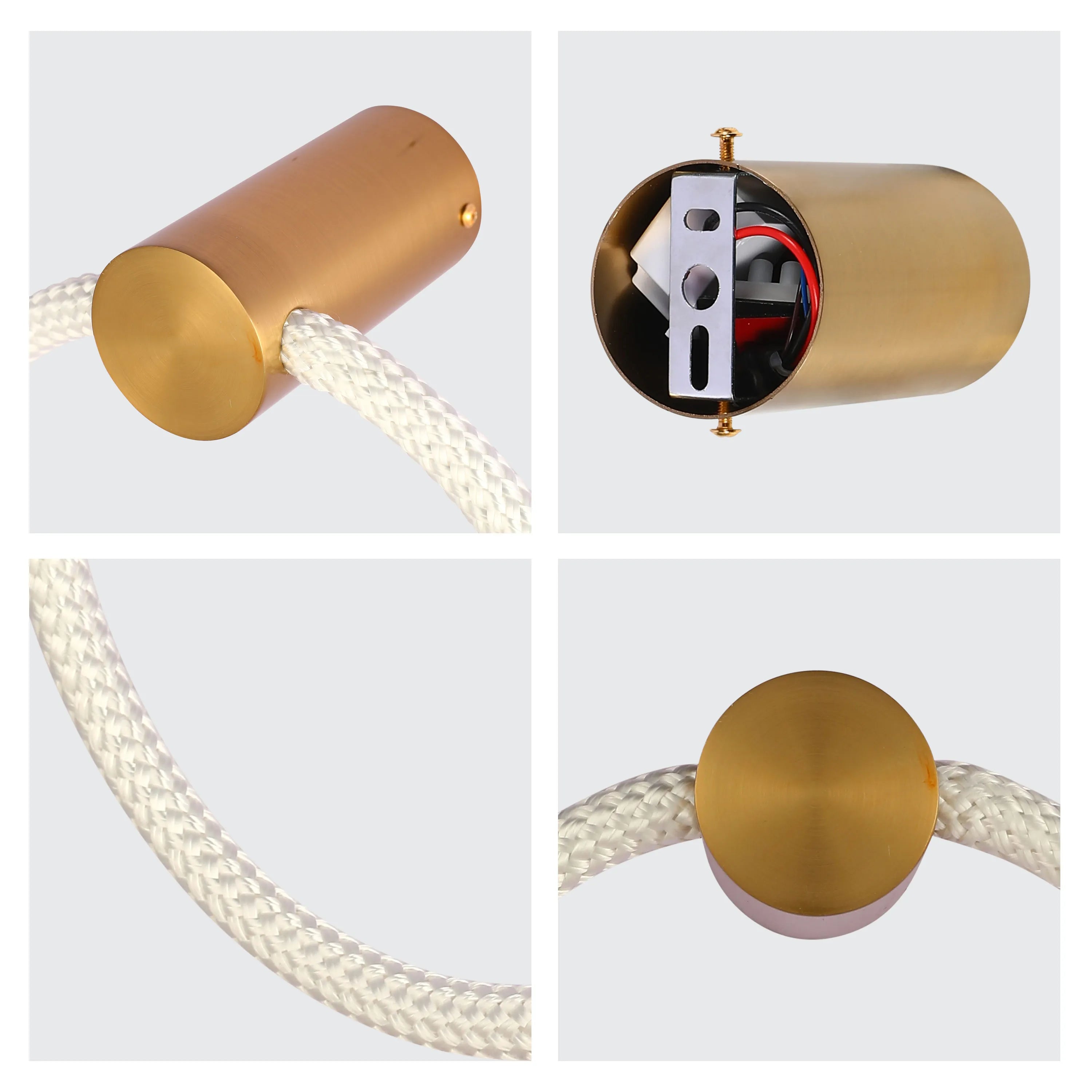 Four close-up shots of a modern gold and white pendant light, showing the cylindrical and round fixtures and the fabric cable.