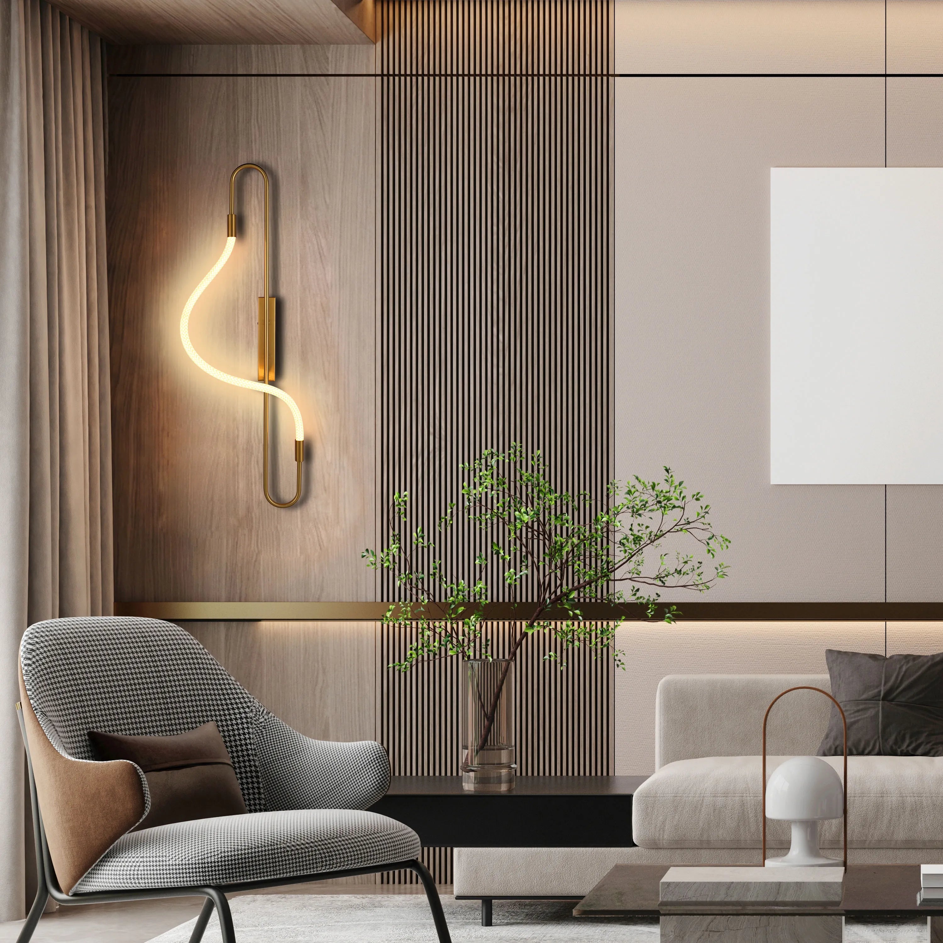 A statement wall light with a curved design casts a warm glow in this modern interior, complemented by hidden ambient lighting.
