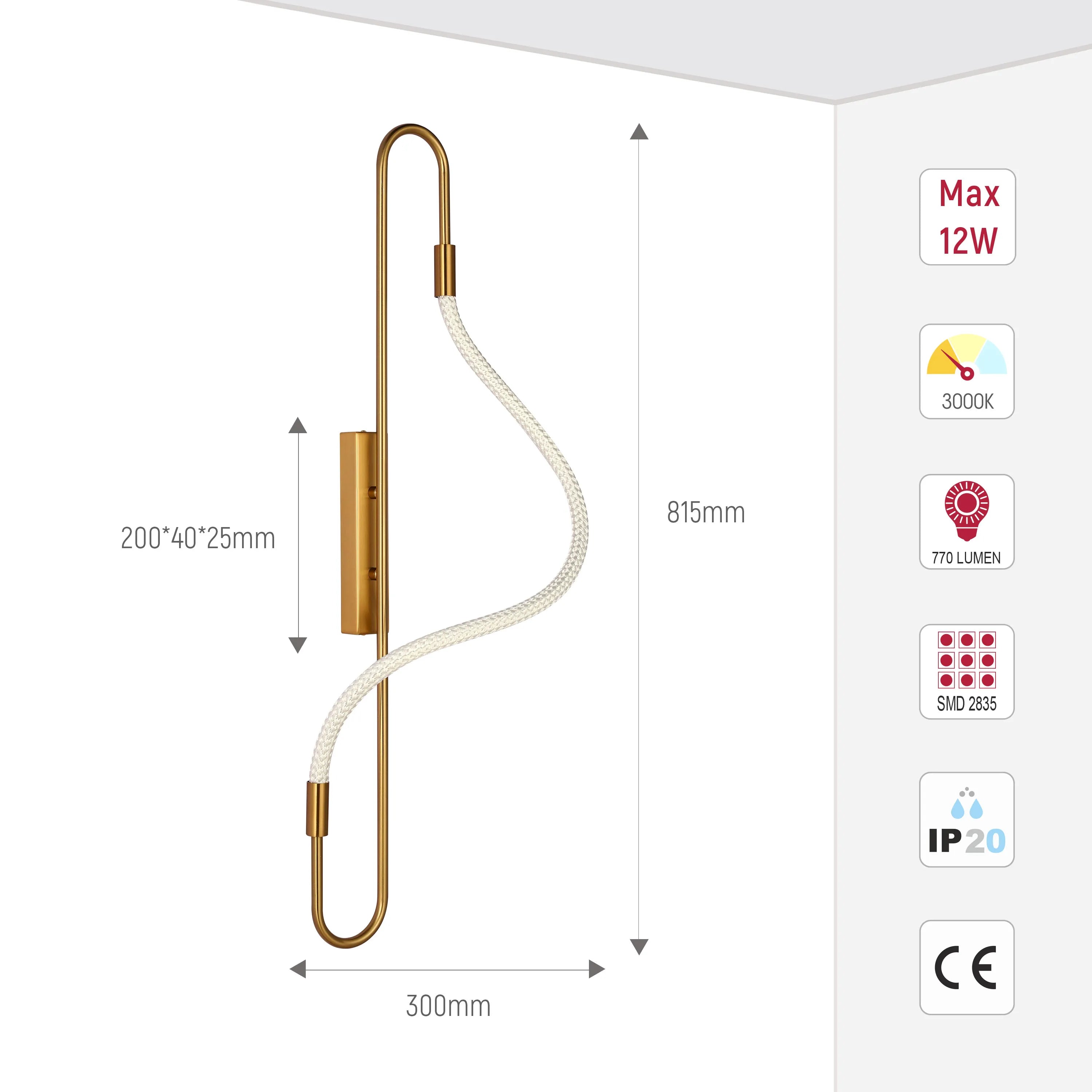 Modern wall light. Gold frame with LED. Max 12W, 3000K, 770 Lumens. Dimensions: 815mm high, 300mm wide.