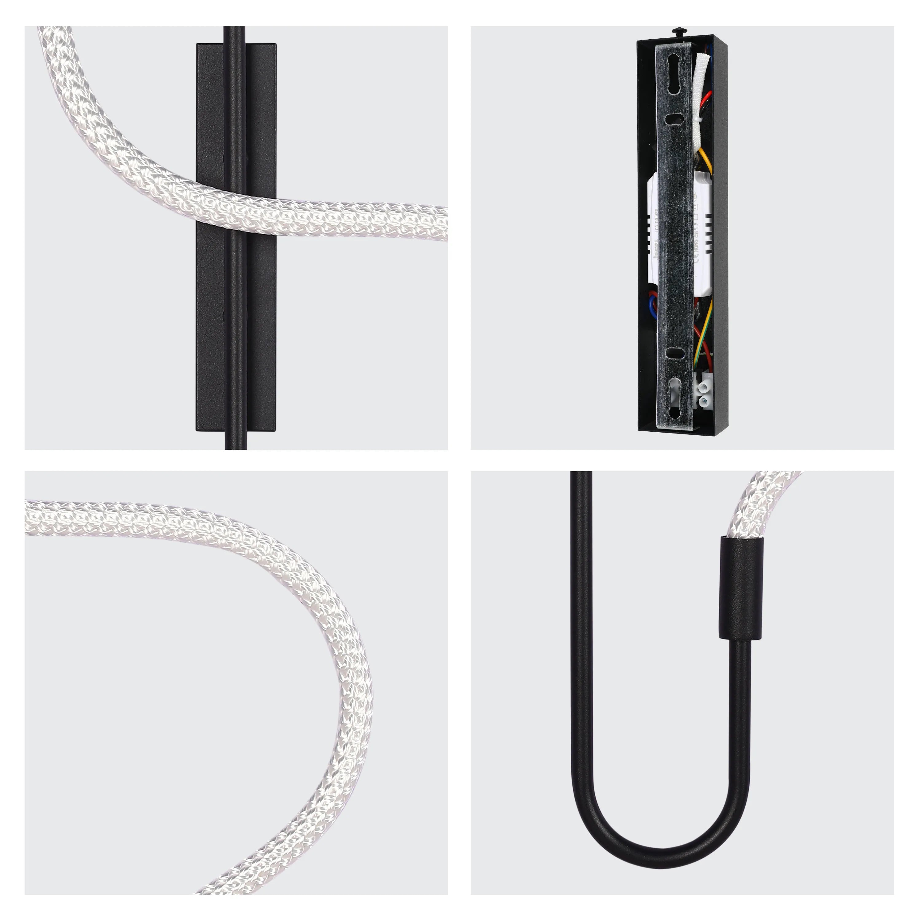 Modern wall light with woven cable and black metal fixture. The light has a contemporary aesthetic with a minimalist design.