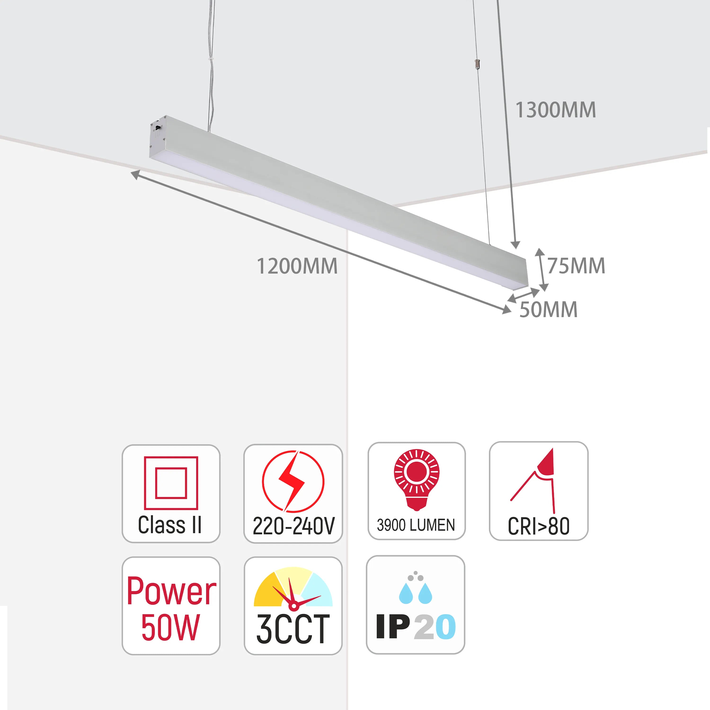 Suspended light fitting dimensions: 1200mm long, 75mm high, 50mm deep. 1300mm suspension. 50W, 3900 lumen, IP20 rated, Class II, 220-240V.