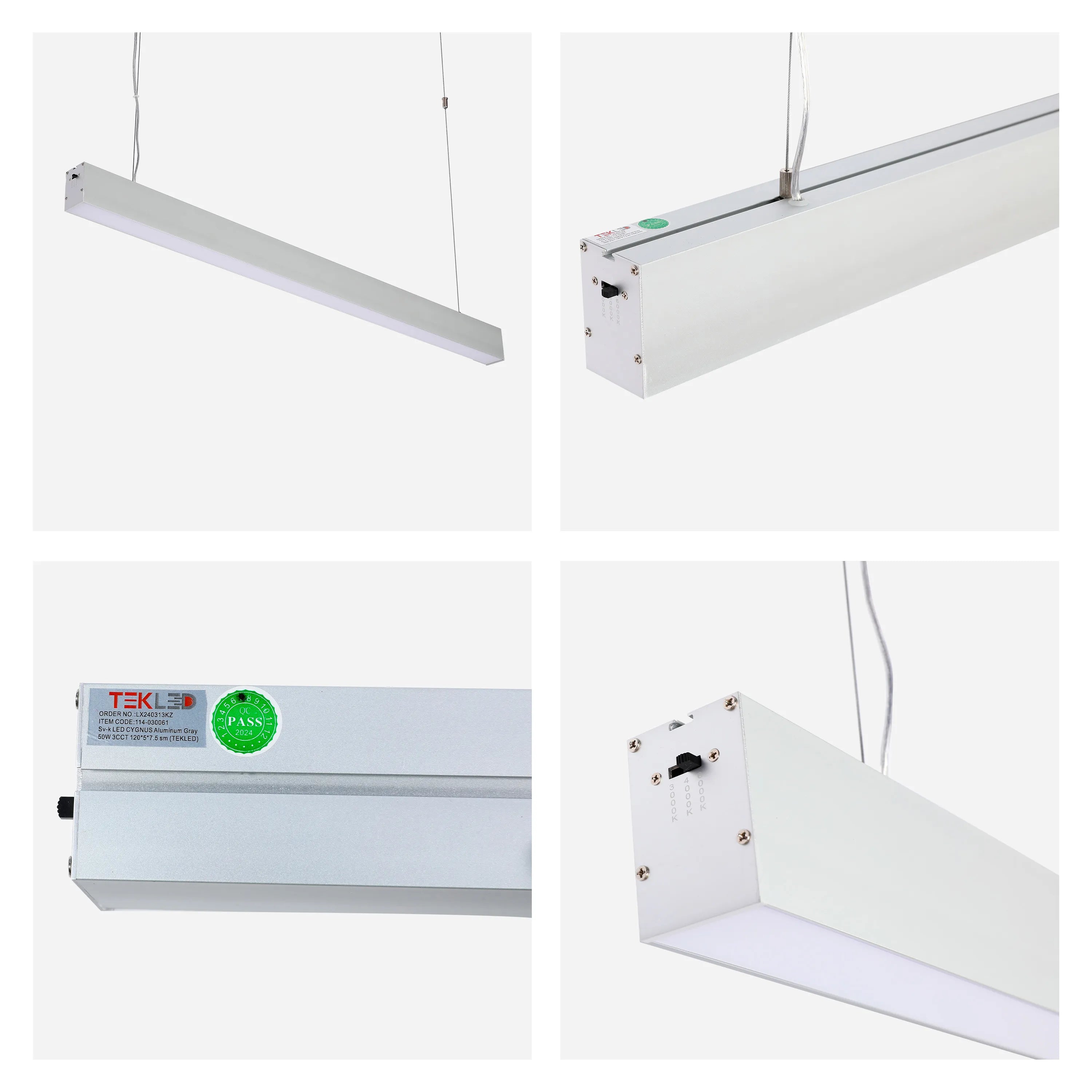 A contemporary LED linear pendant light with colour temperature switch. A sleek and modern lighting fixture for a stylish space.