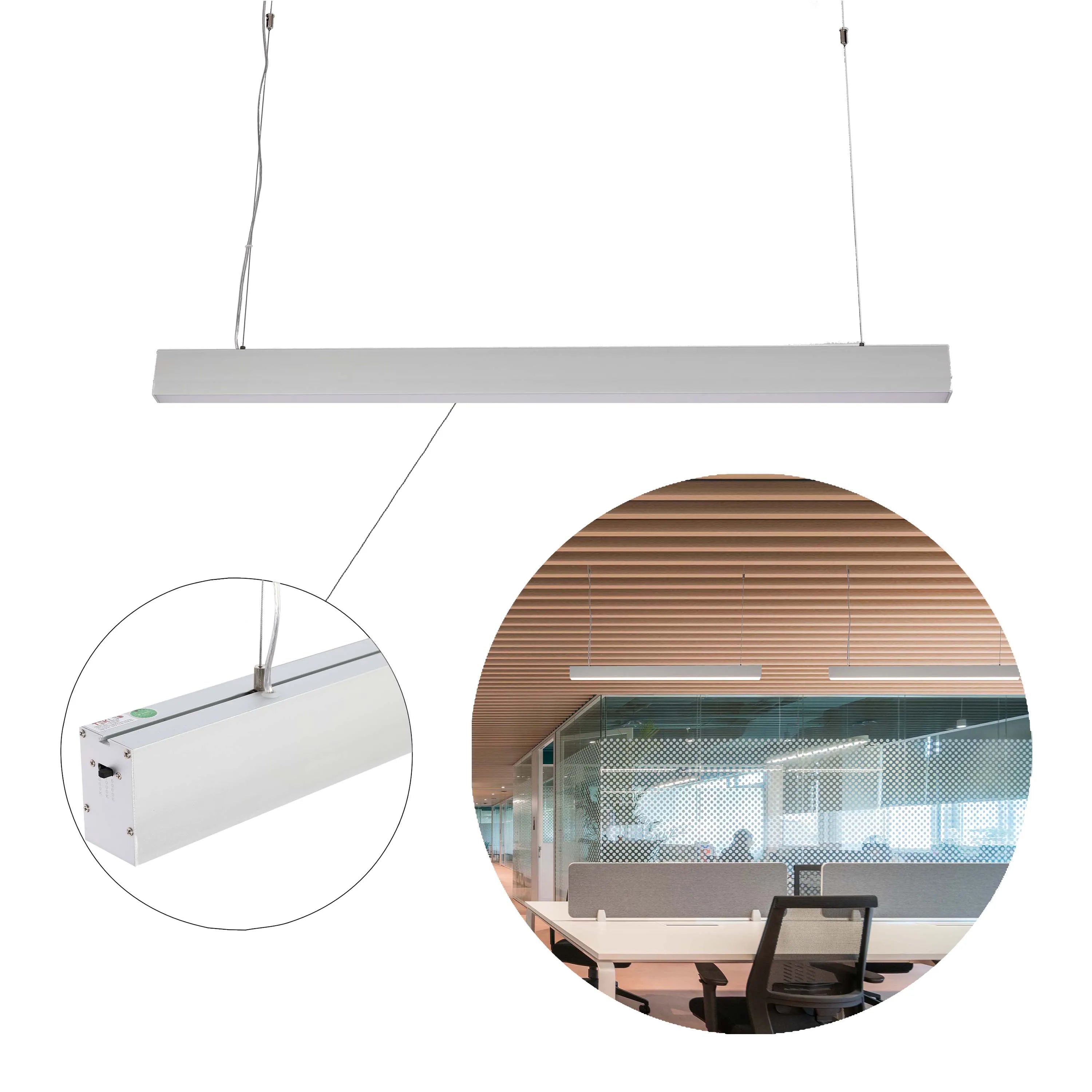 Modern office lighting, with long, sleek, suspended fixtures providing a clean, efficient light source for commercial spaces.