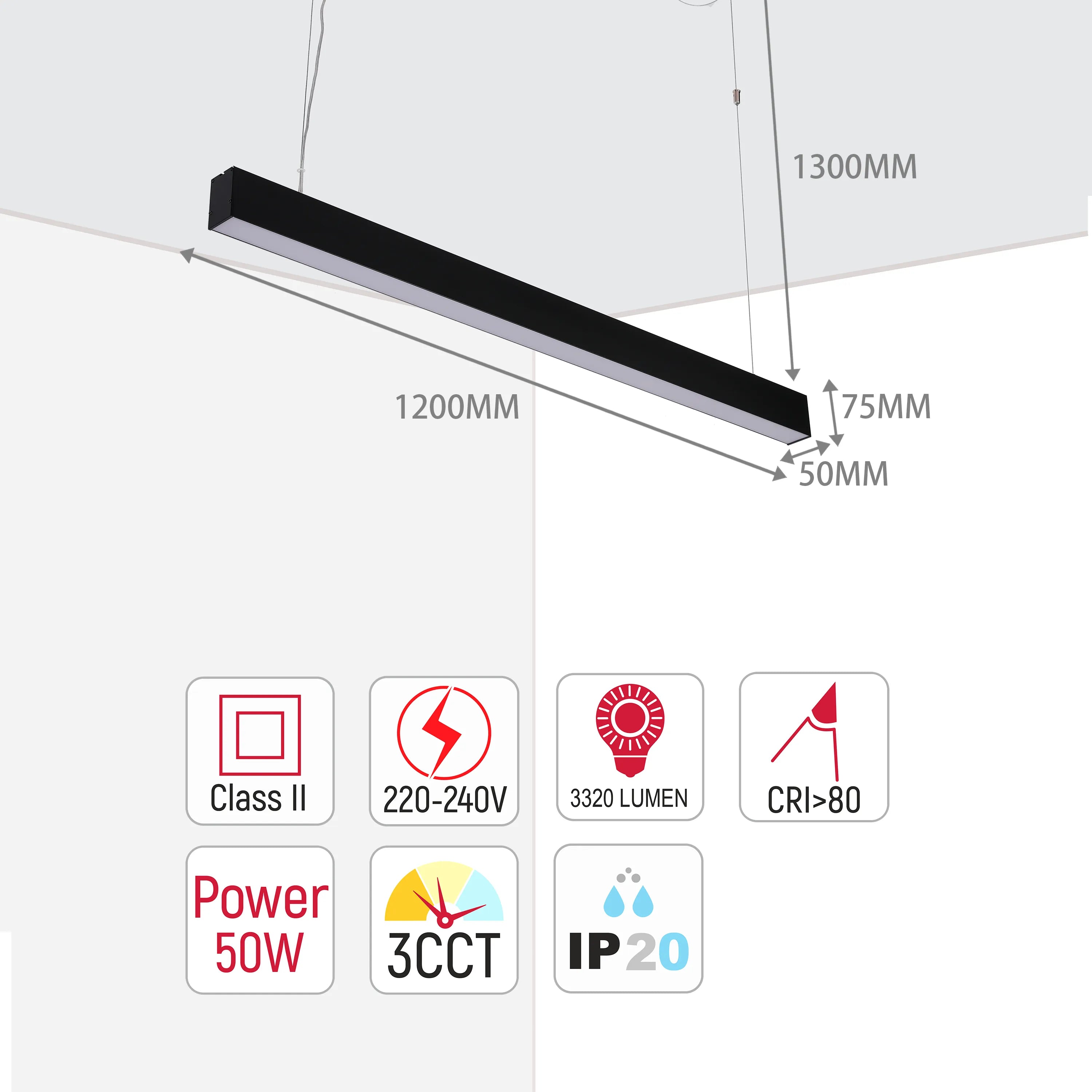 Modern black linear LED pendant light fixture with dimensions and specifications displayed. 50W, 3320 lumen, CRI>80