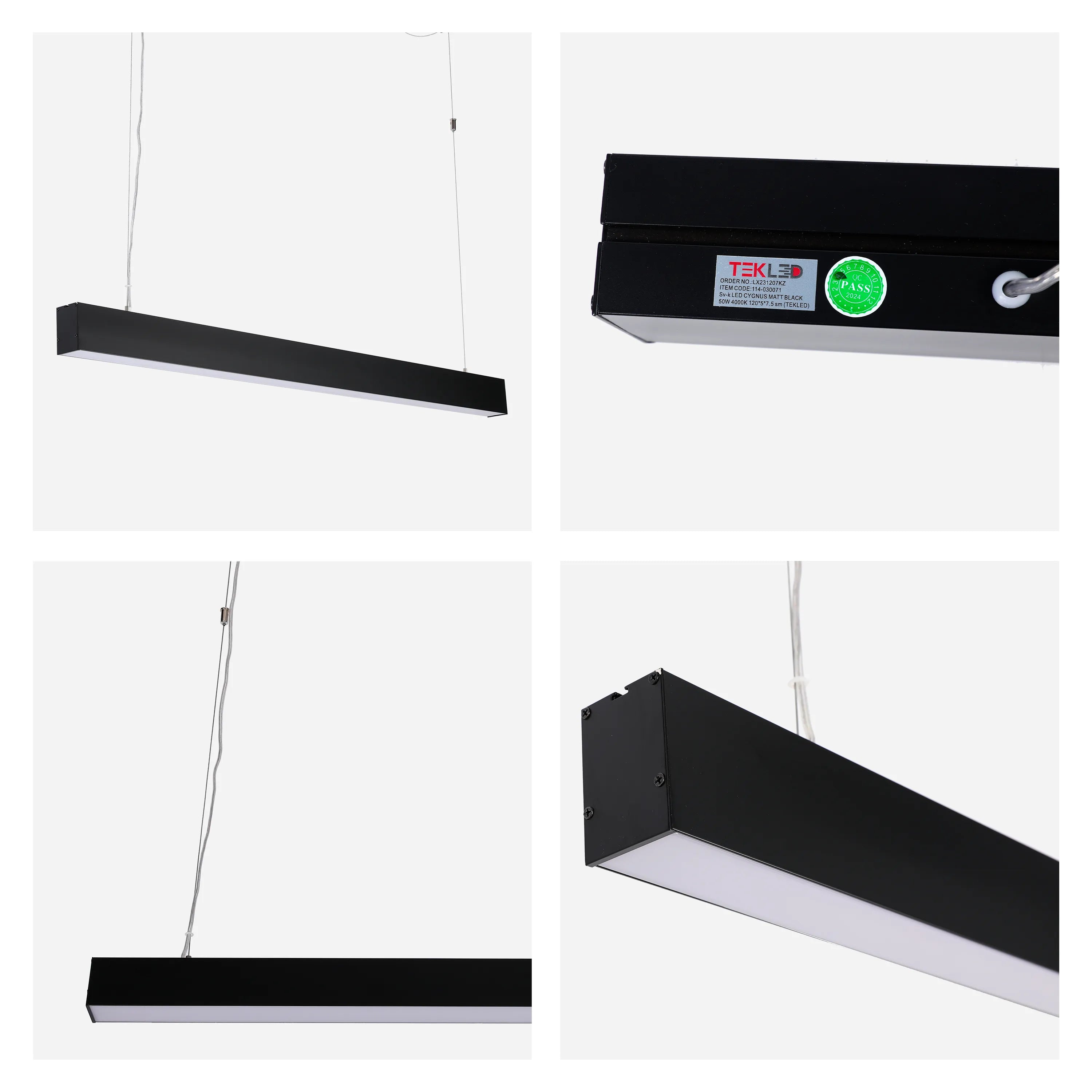 A sleek, black, suspended LED light fitting. Minimalist design for modern spaces. Emits a bright, 4000K light.