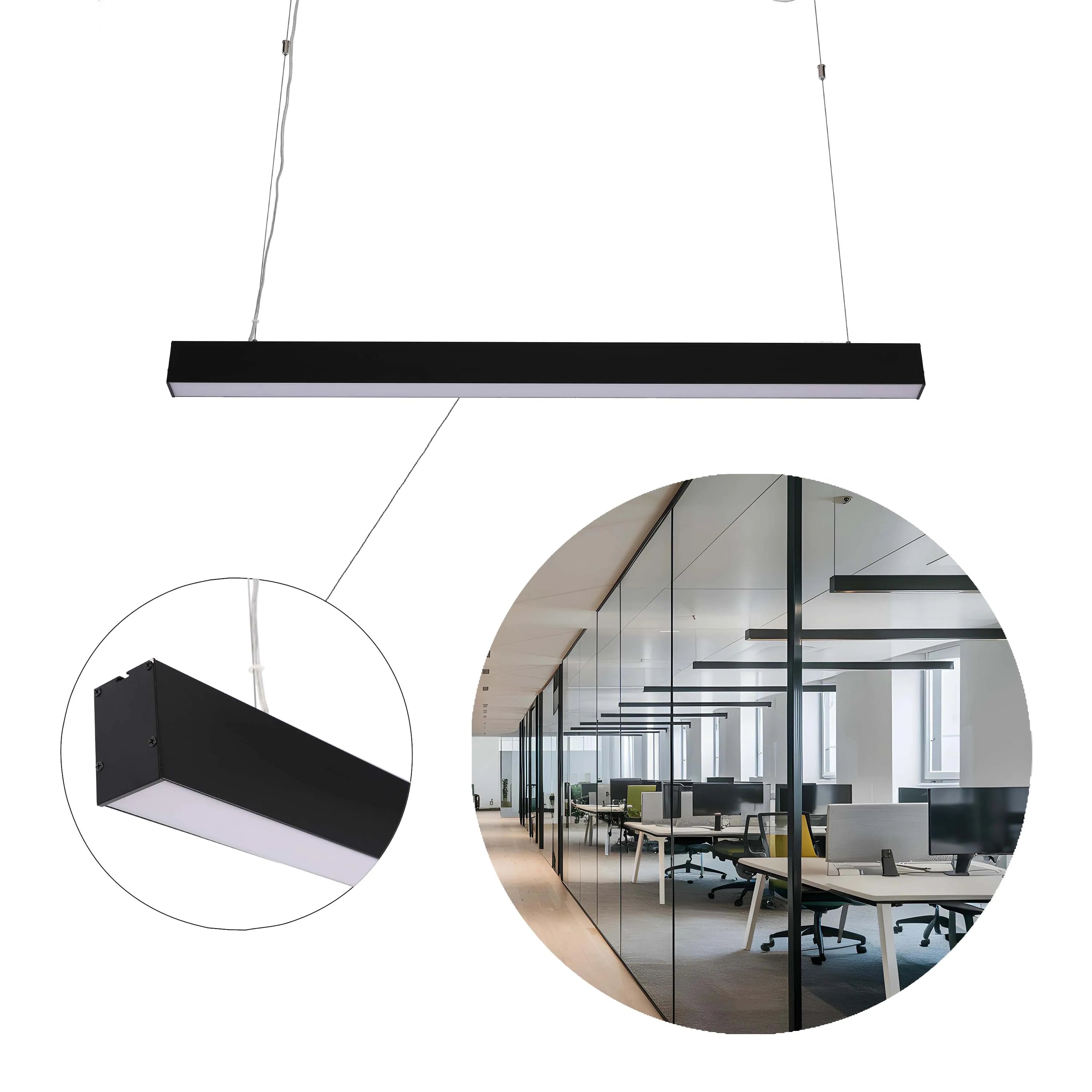 Sleek, modern linear pendant lighting illuminates a contemporary office space with clean lines and bright, energy-efficient LED light.
