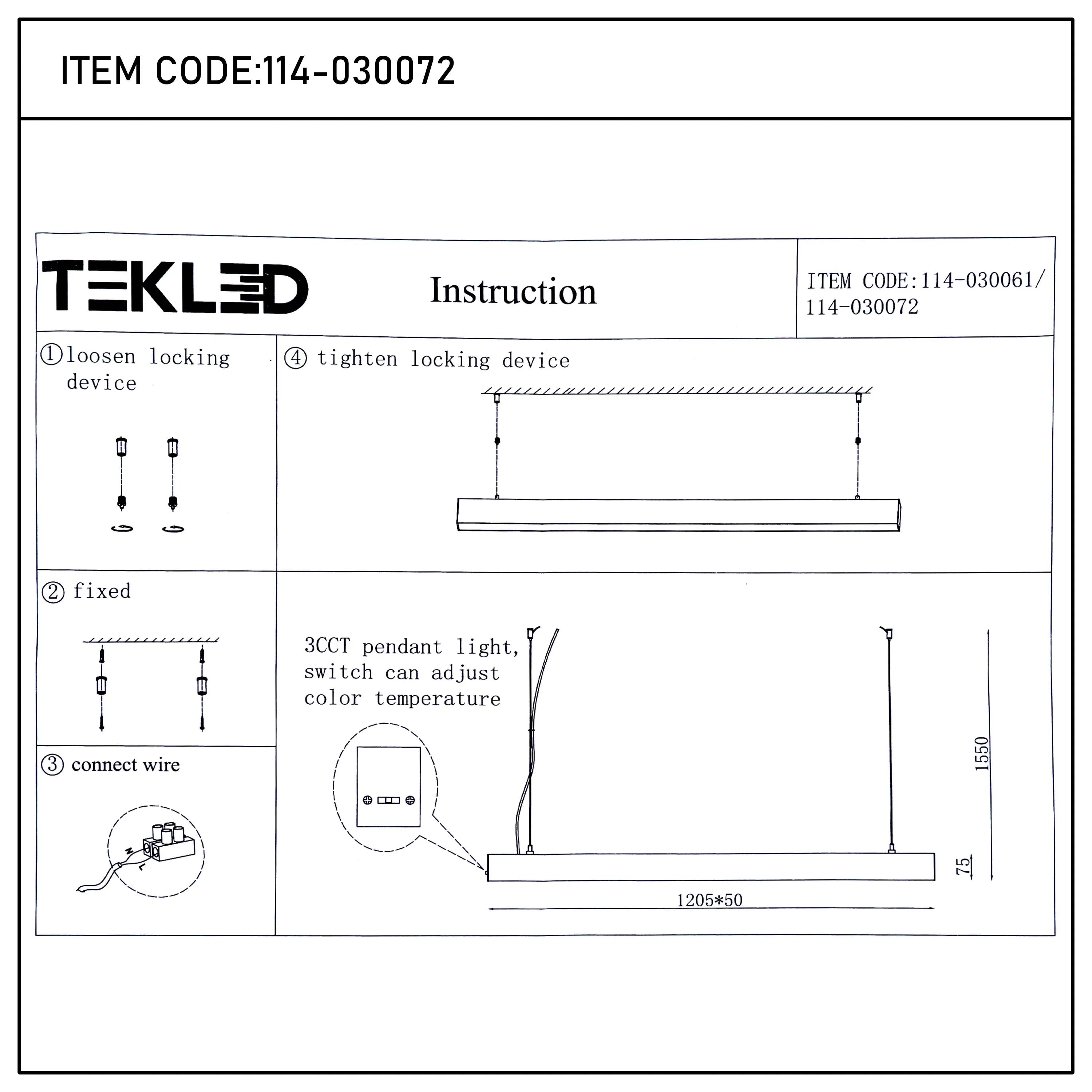 Diagram showing how to install a Tekled 3CCT pendant light. Text includes product codes 114-030072 and 114-030061.