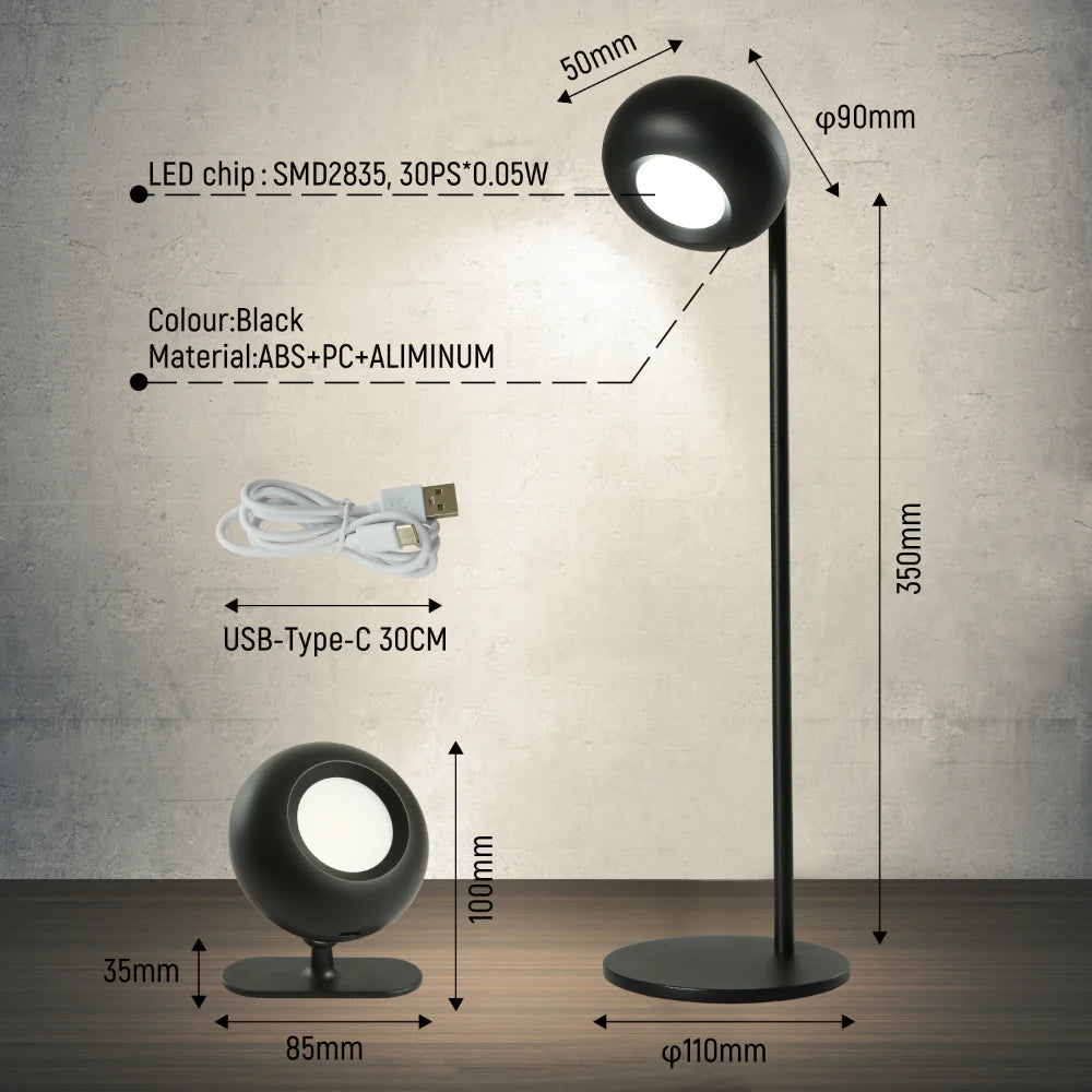 Size and tech specs of Modern Minimalist Bedside Detachable LED Desk Lamp Rechargeable Portable White TEKLED | TEKLED 130-03756