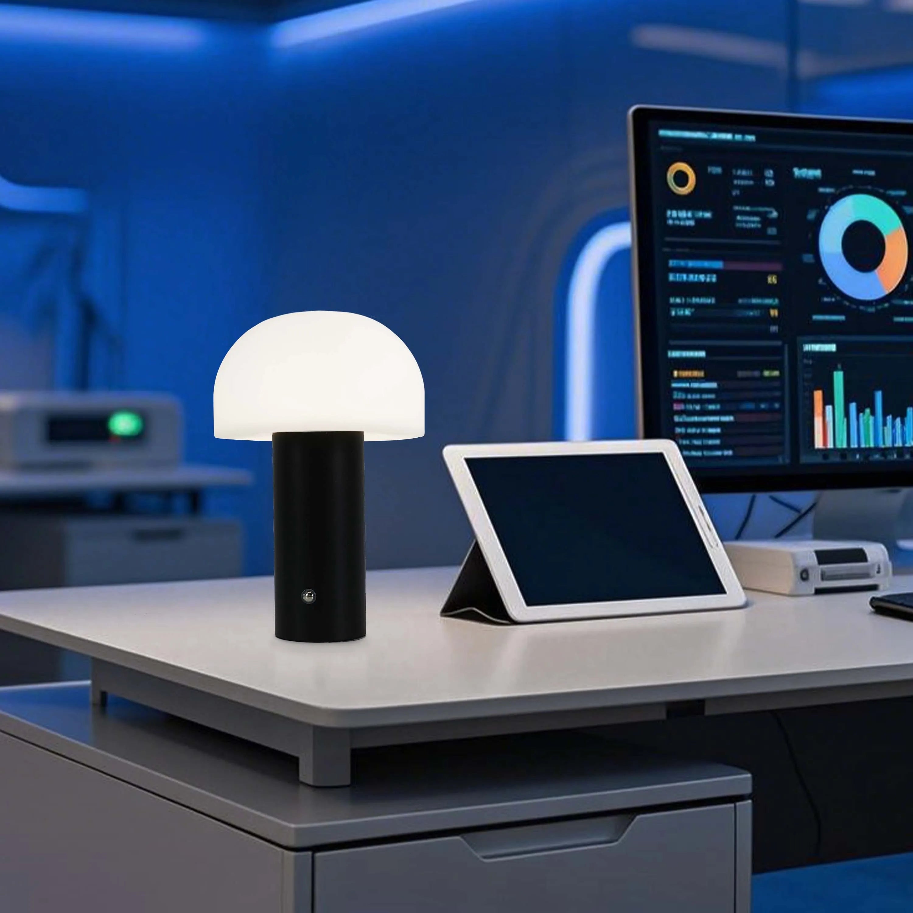 Modern black table lamp with a white dome shade, providing a warm and inviting glow in an office setting.