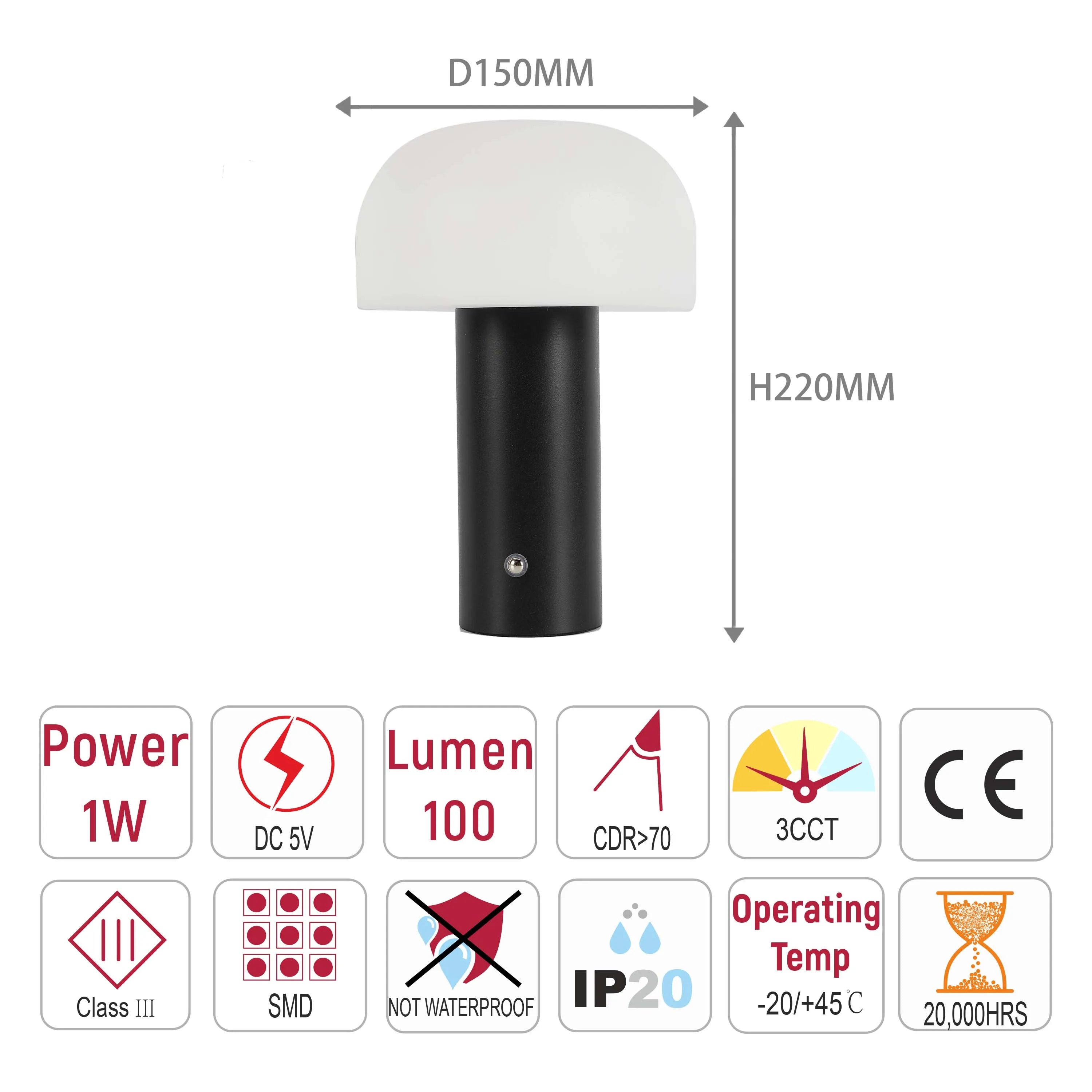 A sleek, modern lamp with a mushroom design. Key features include a 1W power, 100 lumen output, and a lifespan of 20,000 hours.