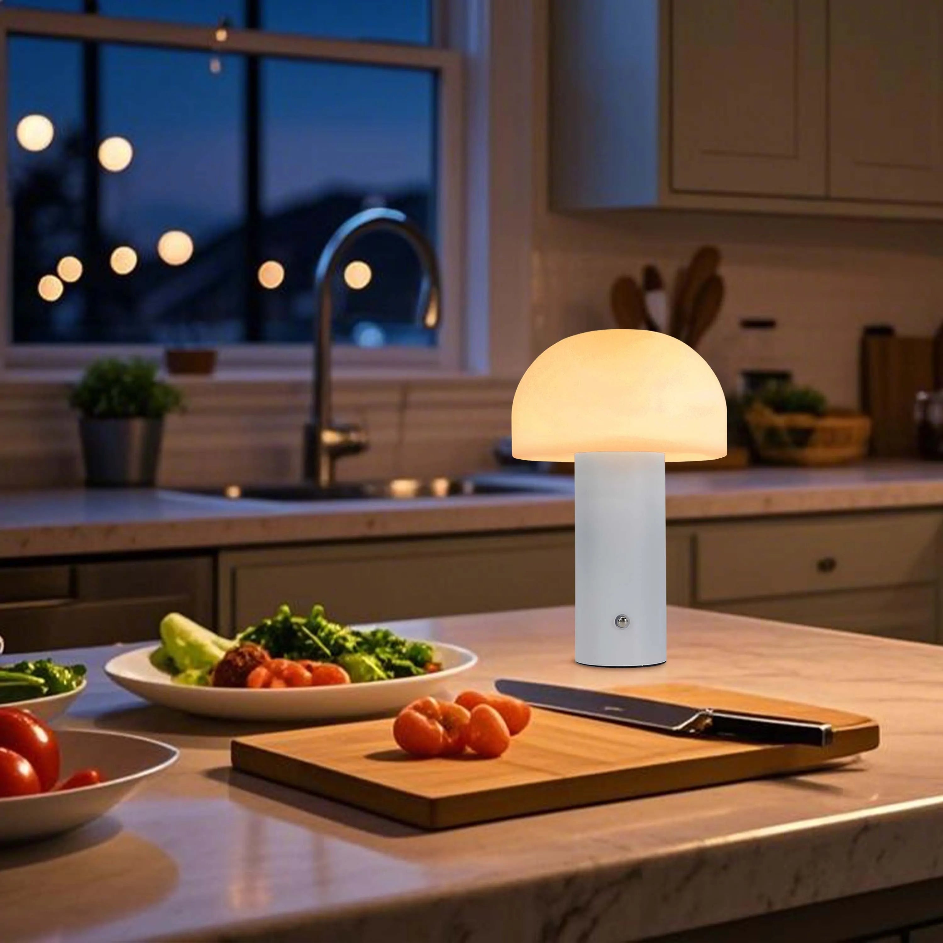 Soft, ambient lighting from a mushroom lamp on a kitchen counter creates a warm, inviting atmosphere for food prep at night.