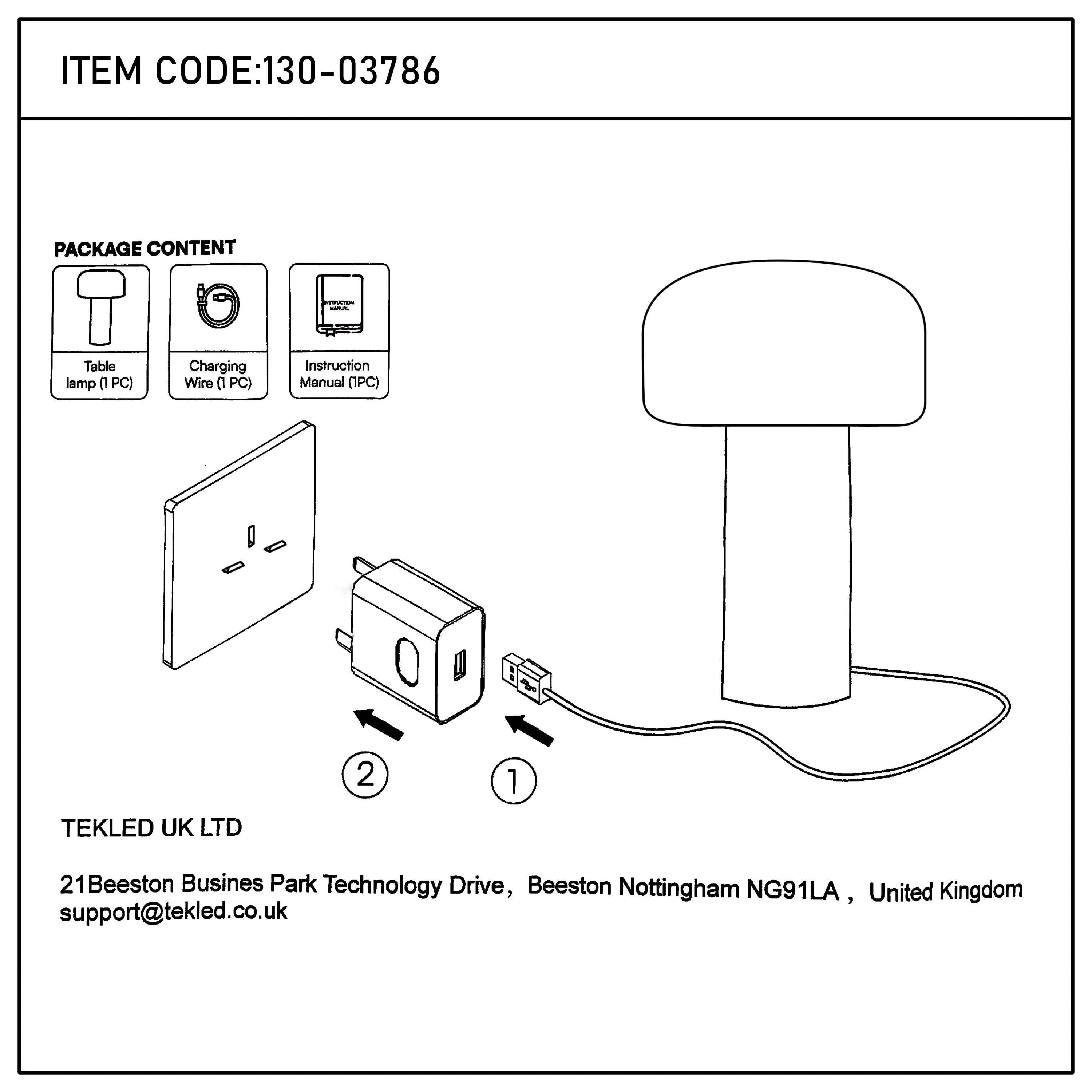 Diagram of a table lamp, its charger components, and instruction manual. Shows assembly steps for charging the lamp.