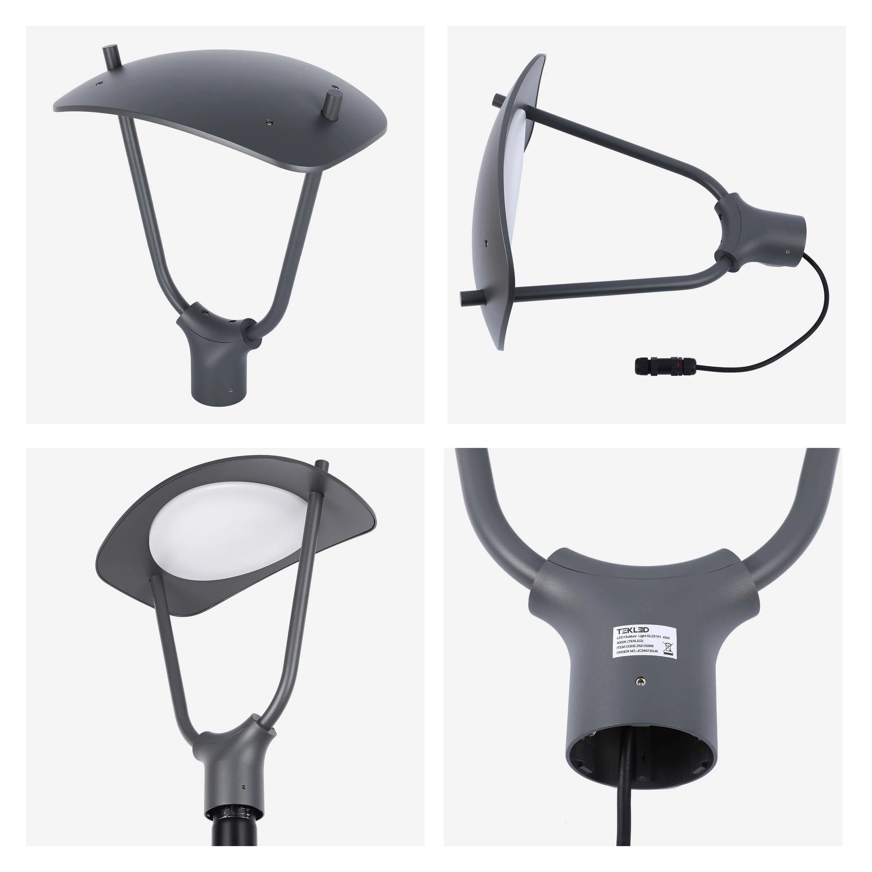 Modern, grey, outdoor LED light fixture. Sleek design, ideal for gardens & pathways. Energy-efficient lighting solution.