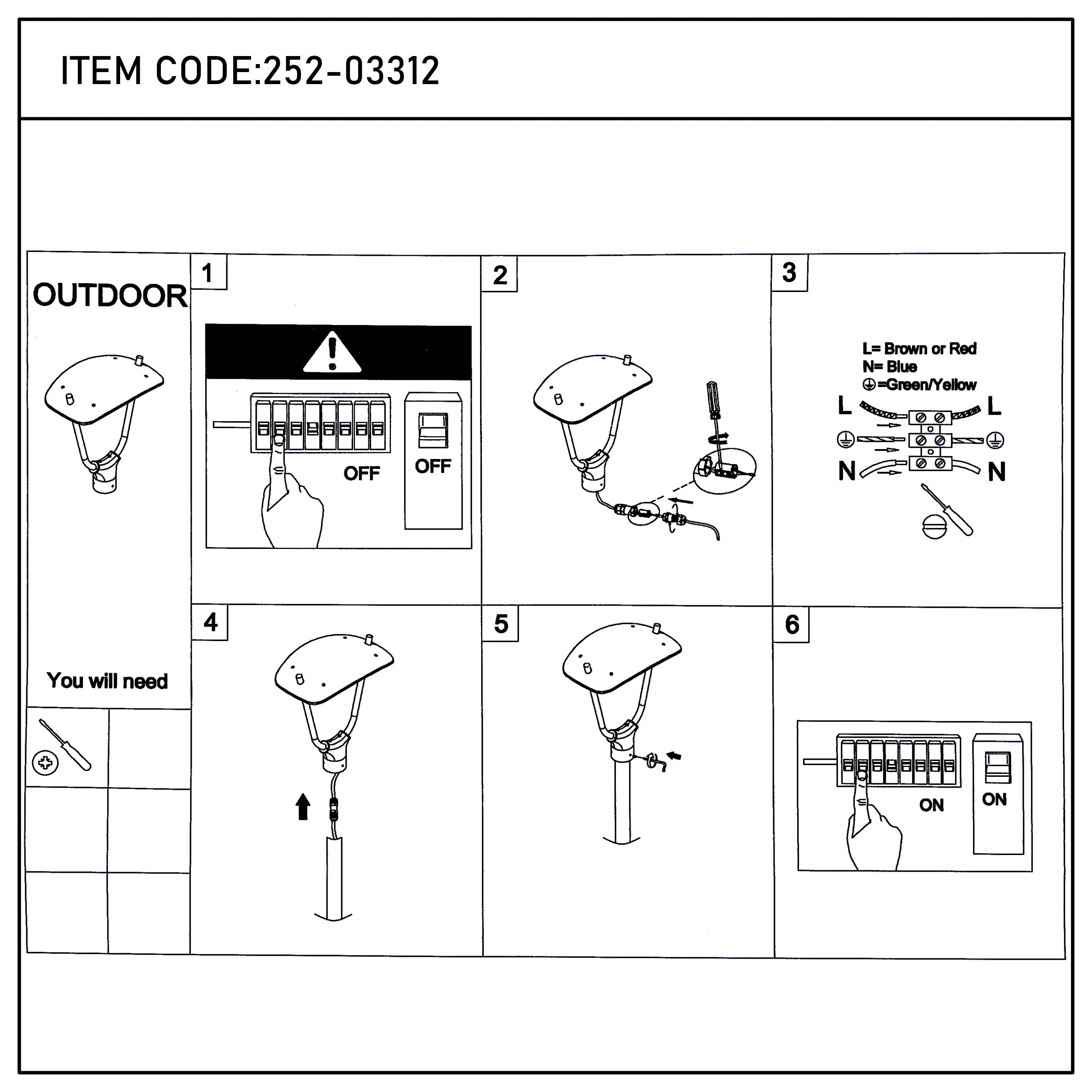Installation guide for outdoor light fixture. Diagrams show assembly and wiring steps; tools needed, and turning the power on.
