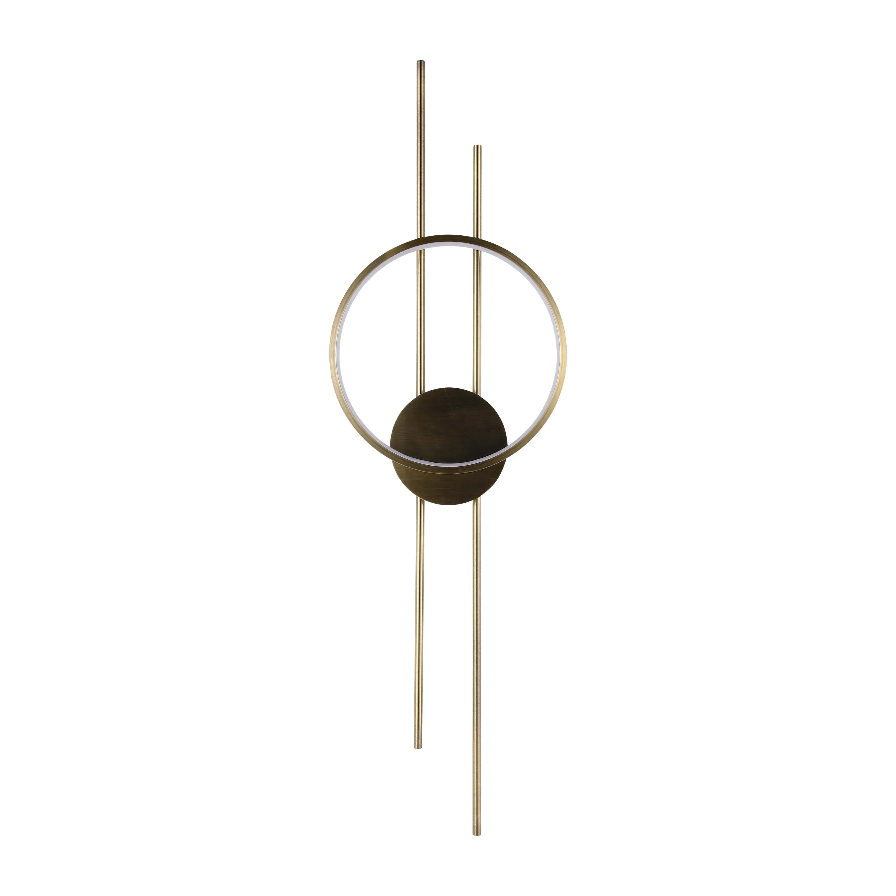 A modern LED wall light featuring a bronze circular frame with linear accents, offering a warm and stylish glow.