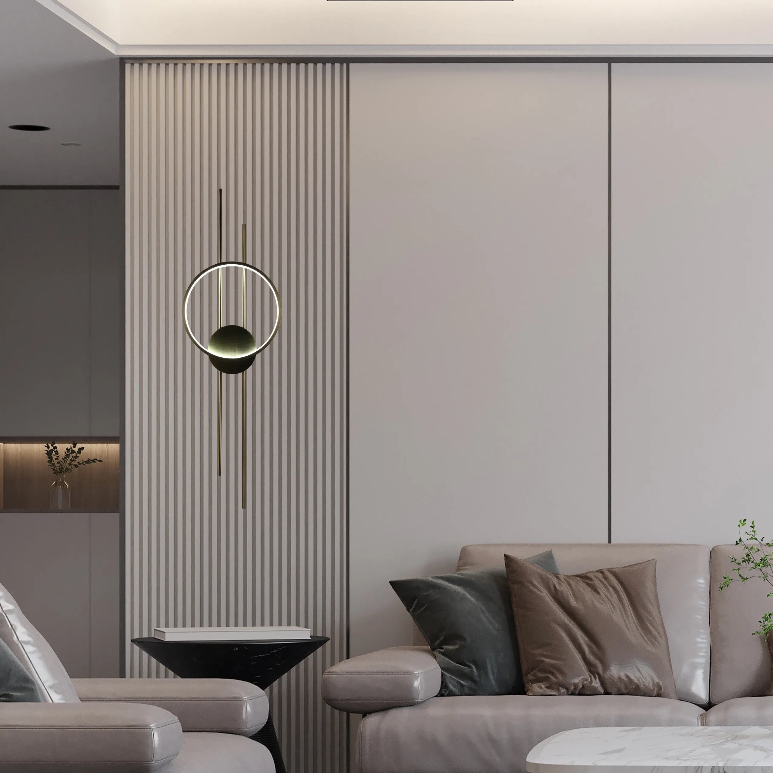 Striking wall lighting fixture with circular illuminated element and gold bars, adding a touch of modern elegance to the neutral colour scheme.