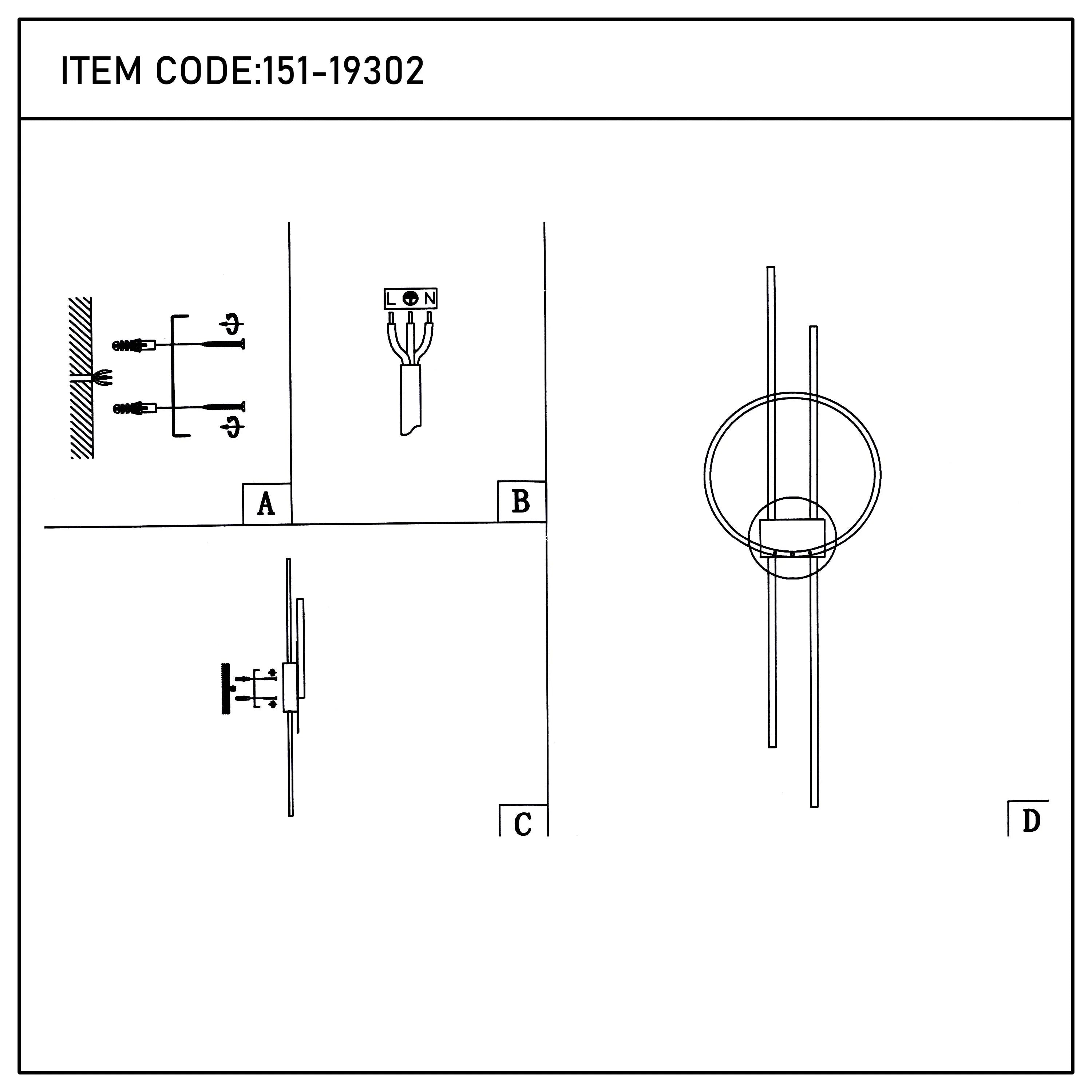 Modern wall light fixture with a circular design. Installation guide with a wiring diagram included.