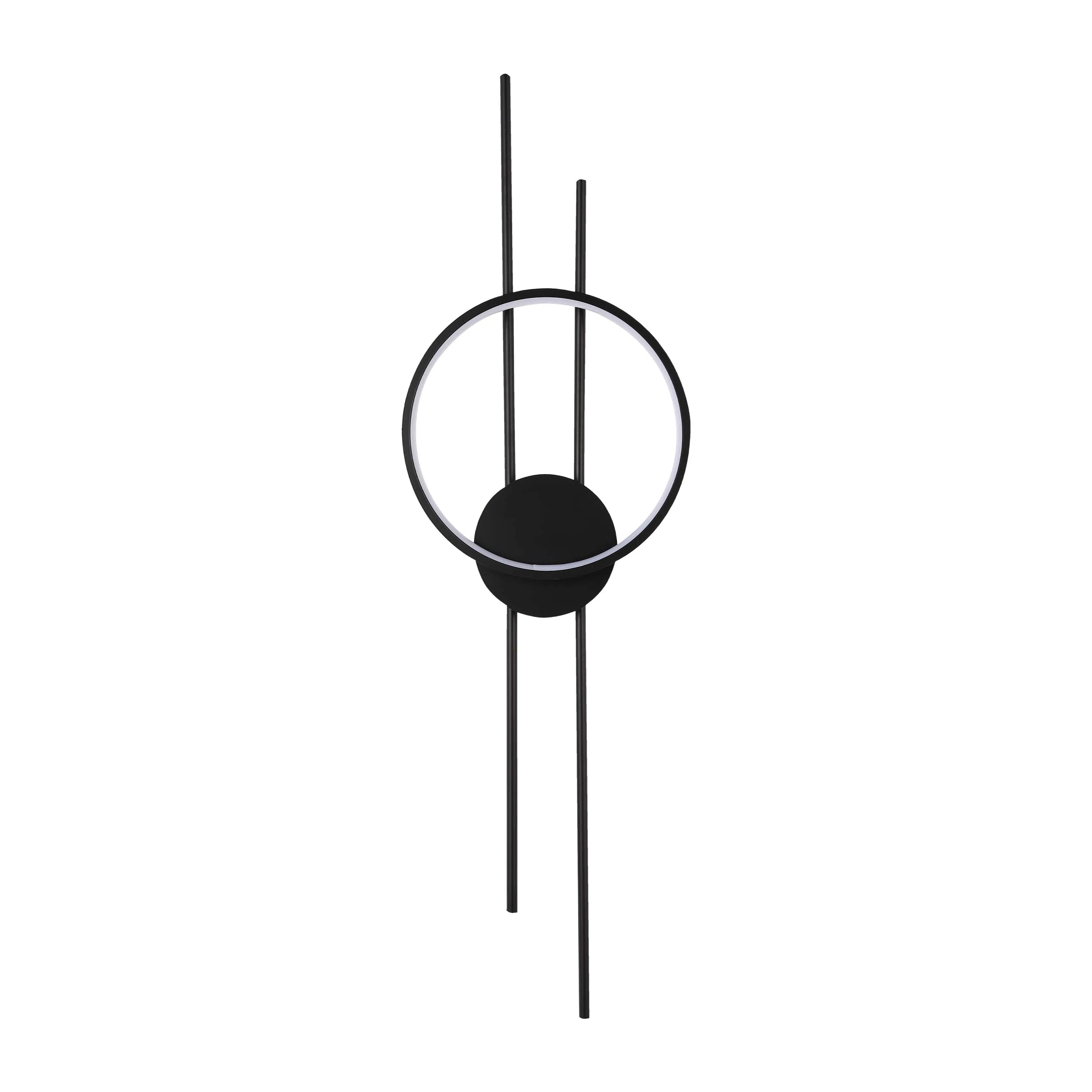 Modern wall light with a black stem, circle, and disc design. The circle is illuminated with a white light for a stylish finish.