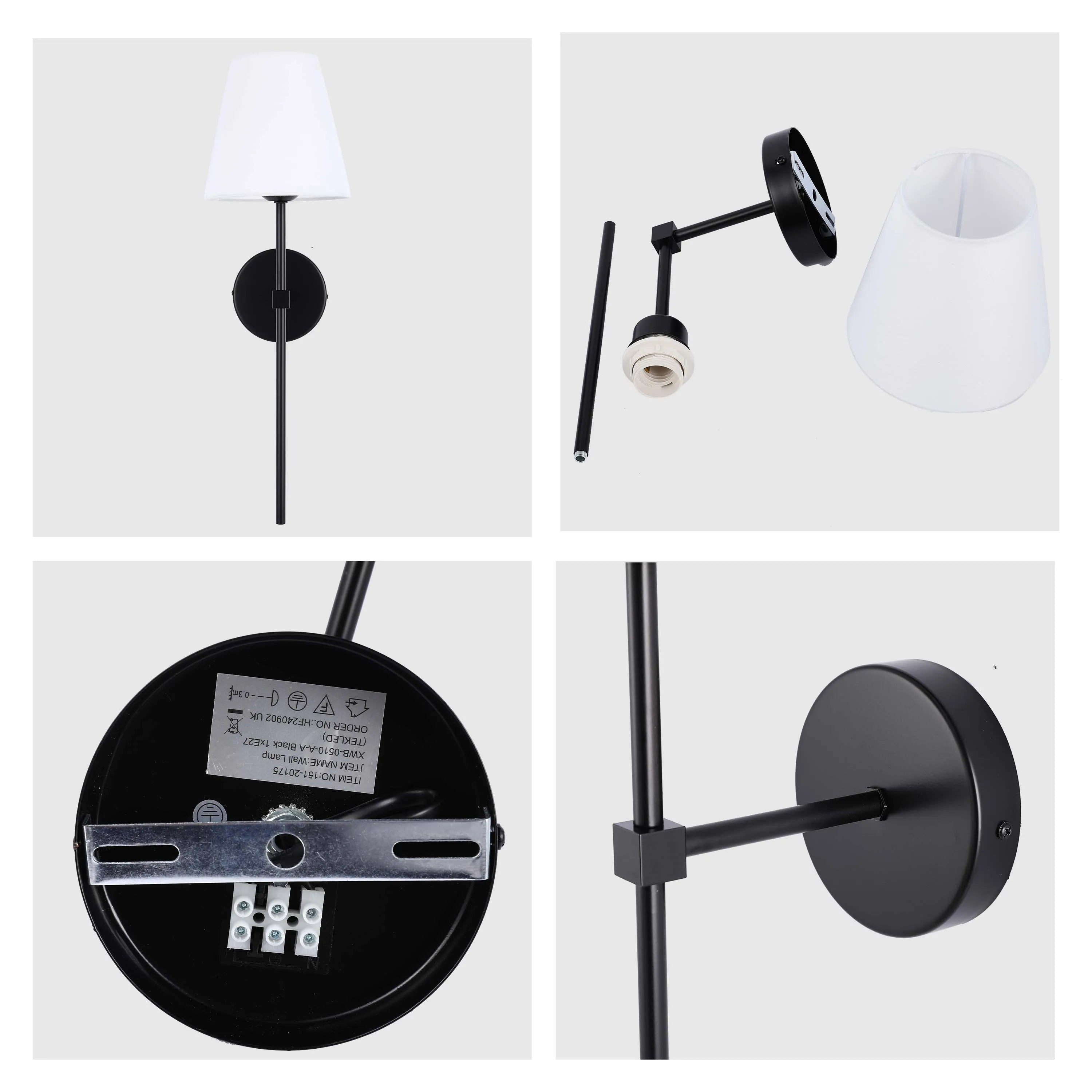 A modern black wall lamp with a white fabric lampshade, featuring a minimalist design and adjustable arm.