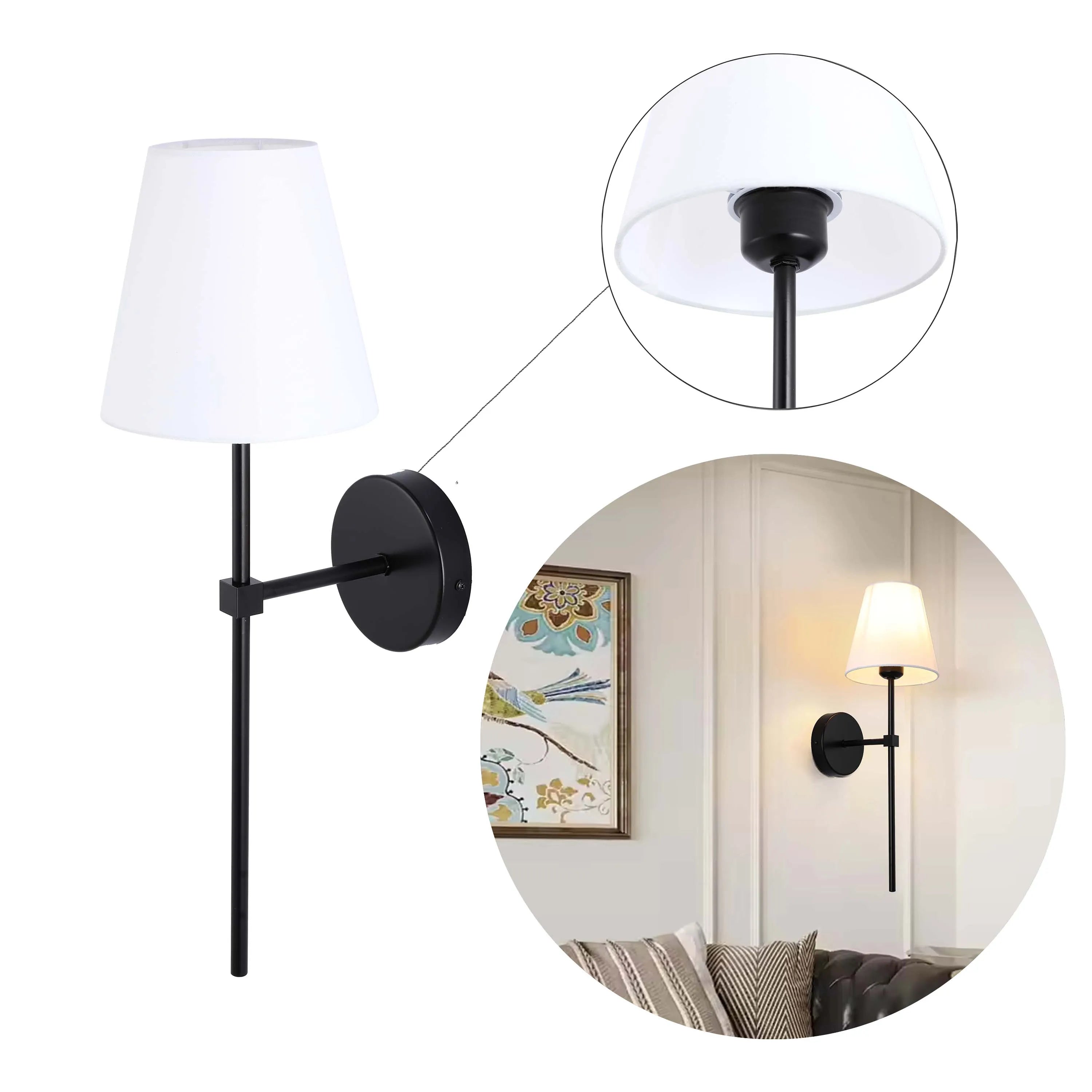 Black wall lamp with a white shade. Modern wall lighting to brighten up any living space or bedroom.
