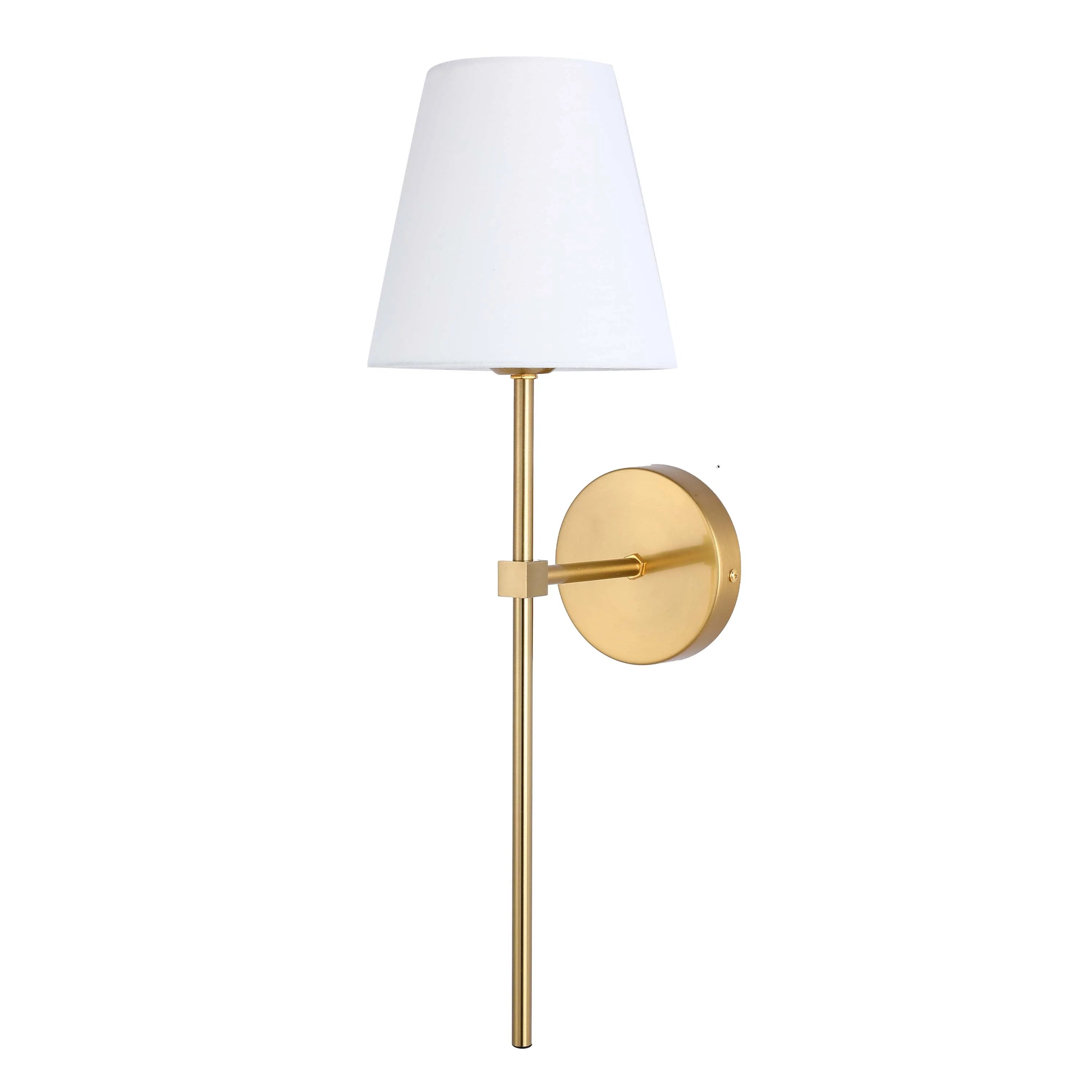 A modern, gold wall light with a white shade, perfect for adding a touch of understated elegance to any room.