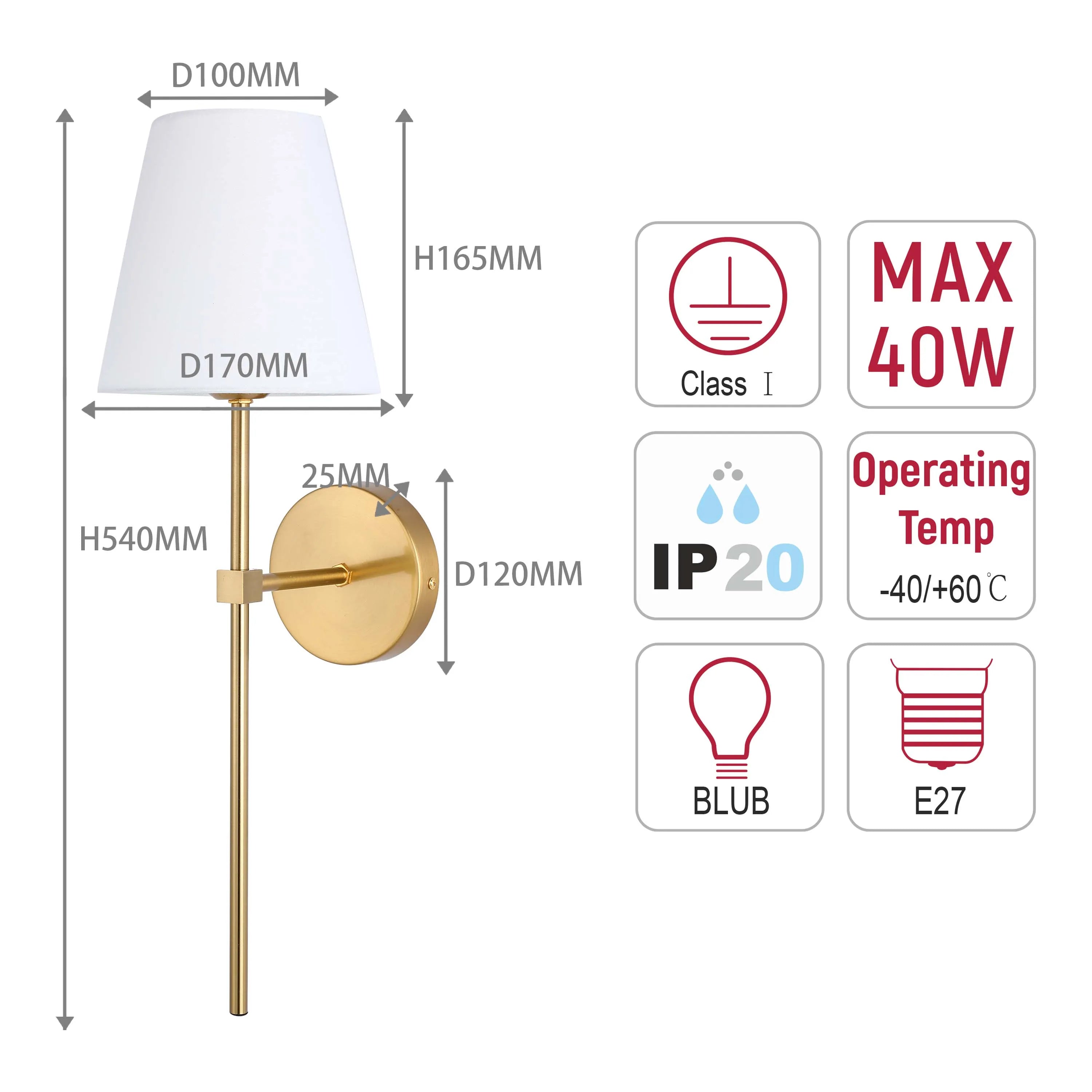 A stylish wall light. Measurements indicate D100mm, H165mm, D170mm, H540mm and D120mm. Bulb is E27. Max 40W.