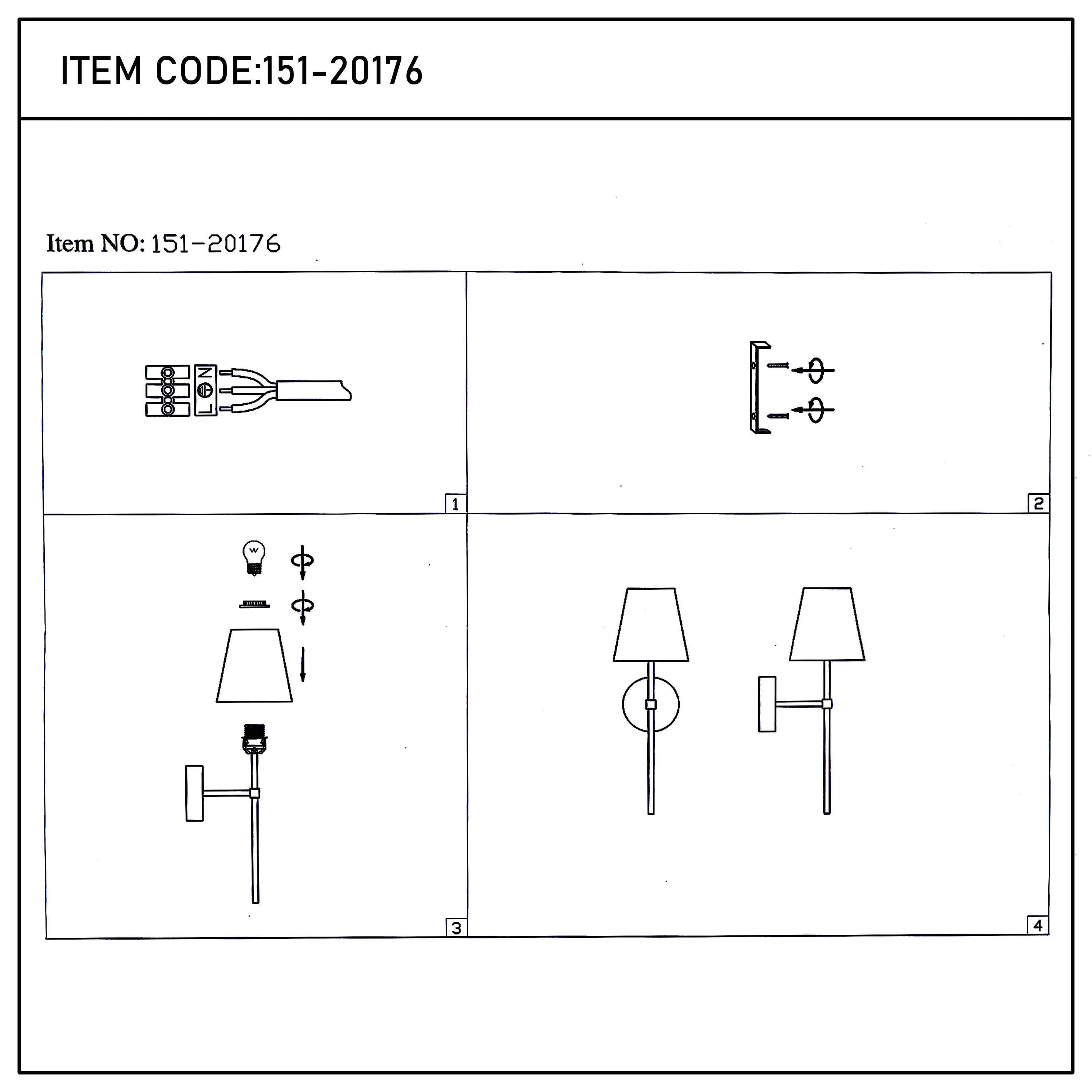 A diagram showing the assembly of a wall mounted lamp with shade, requiring basic wiring, screws, a bulb and shade fitting.